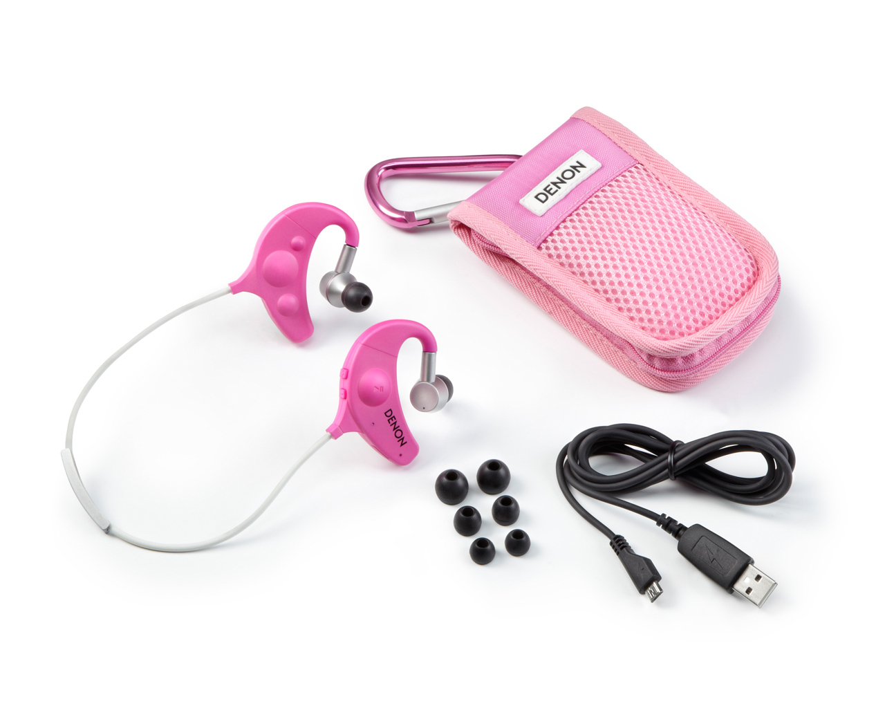Beyaz üzerine pembe kulaklıklar, kılıf ve aksesuarlar. Ek kulaklık uçları, USB kablosu ve kılıf içerir.