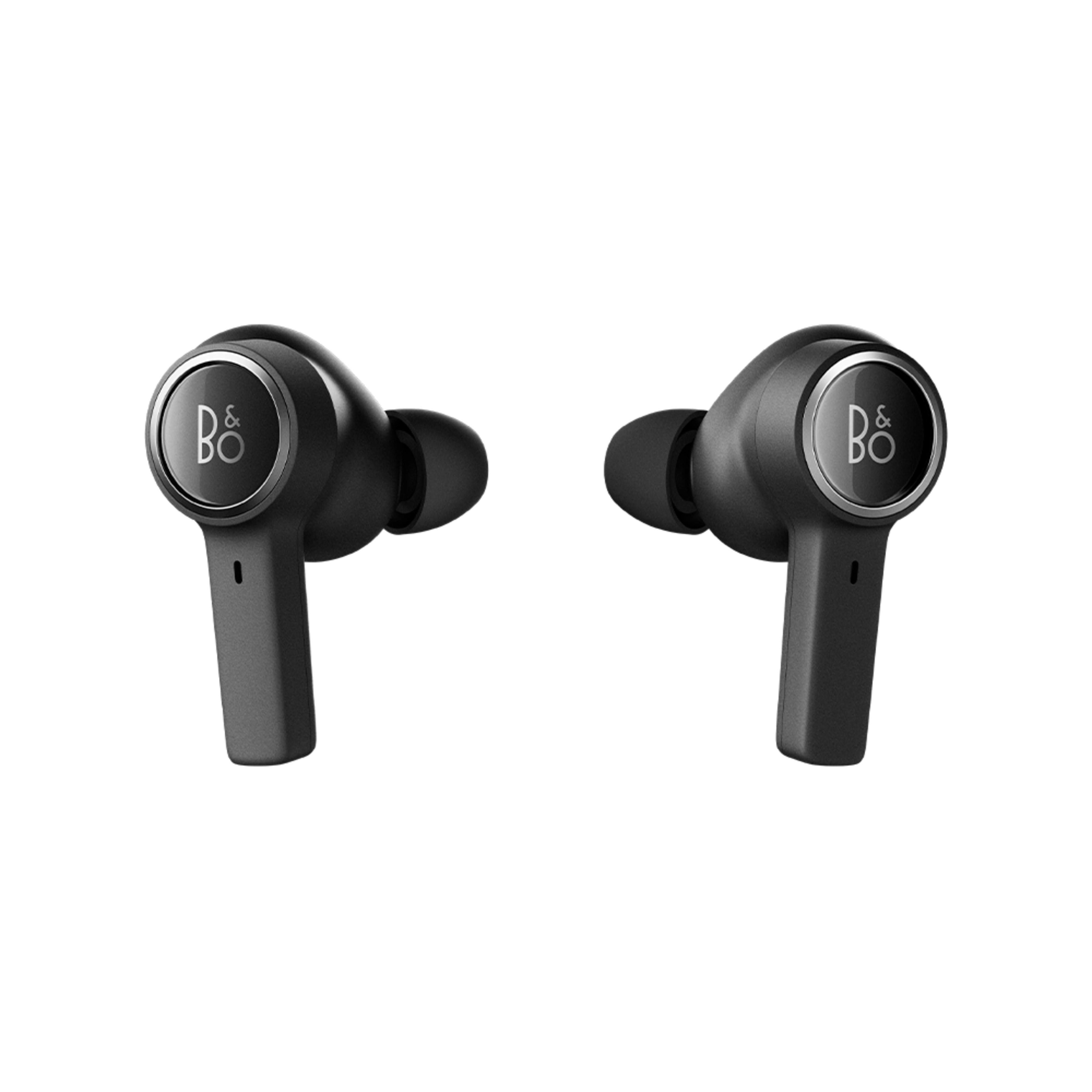 Auricolari neri con logo B&O. Sfondo bianco.