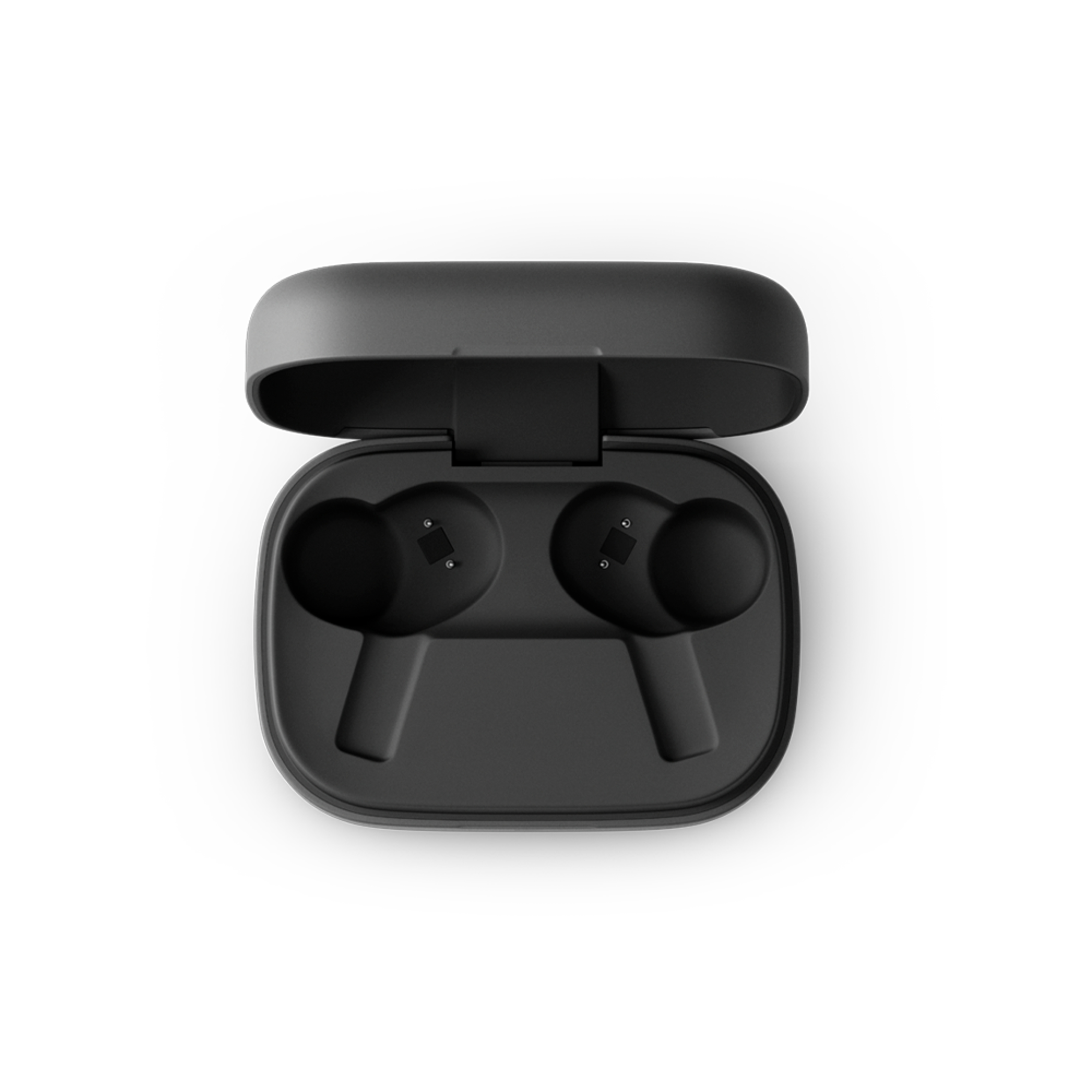 Auricolari neri all'interno di una custodia di ricarica nera, coperchio aperto, su sfondo bianco.