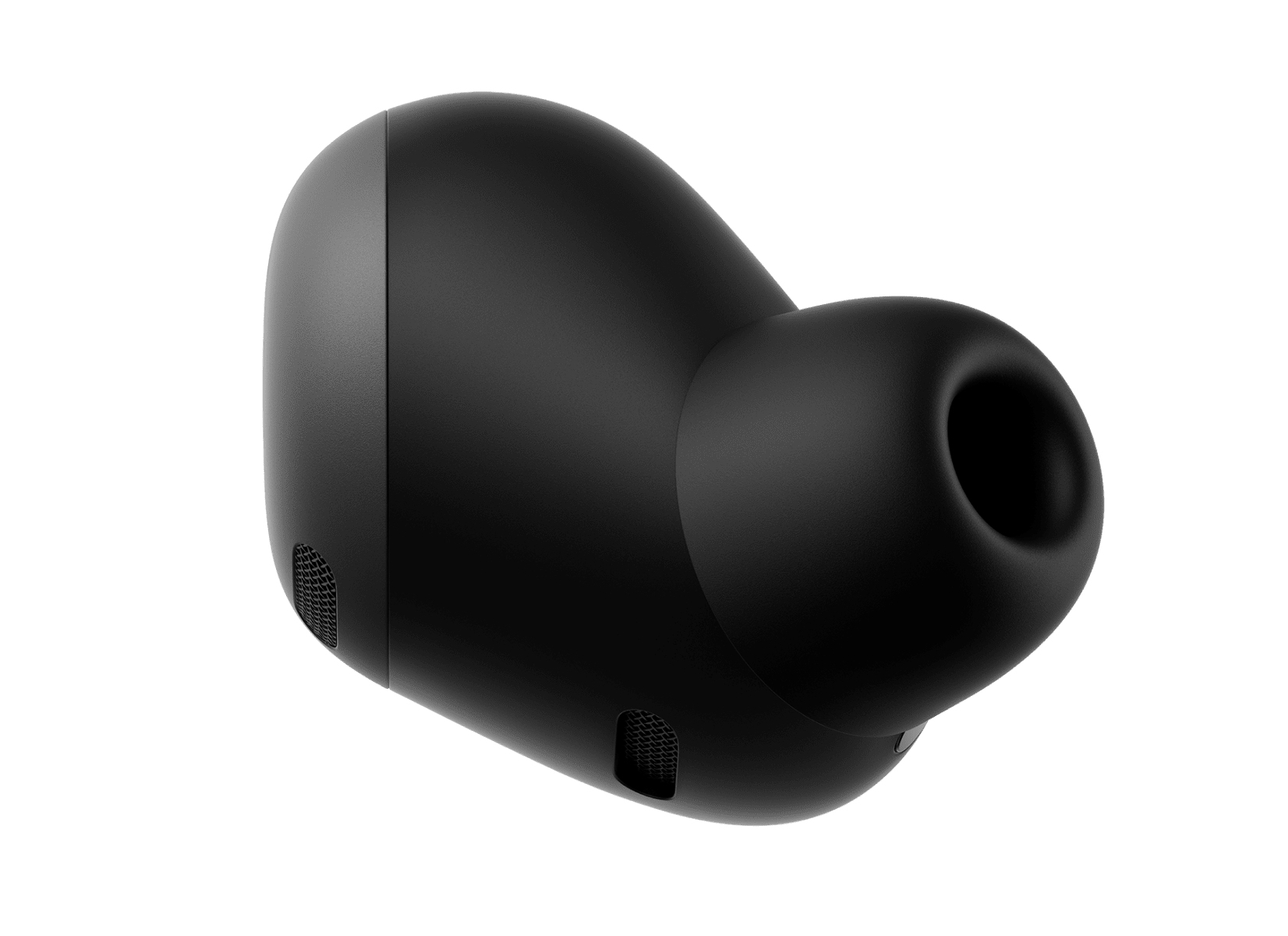 Primo piano di un auricolare nero con un design arrotondato. L'auricolare ha un piccolo microfono.
