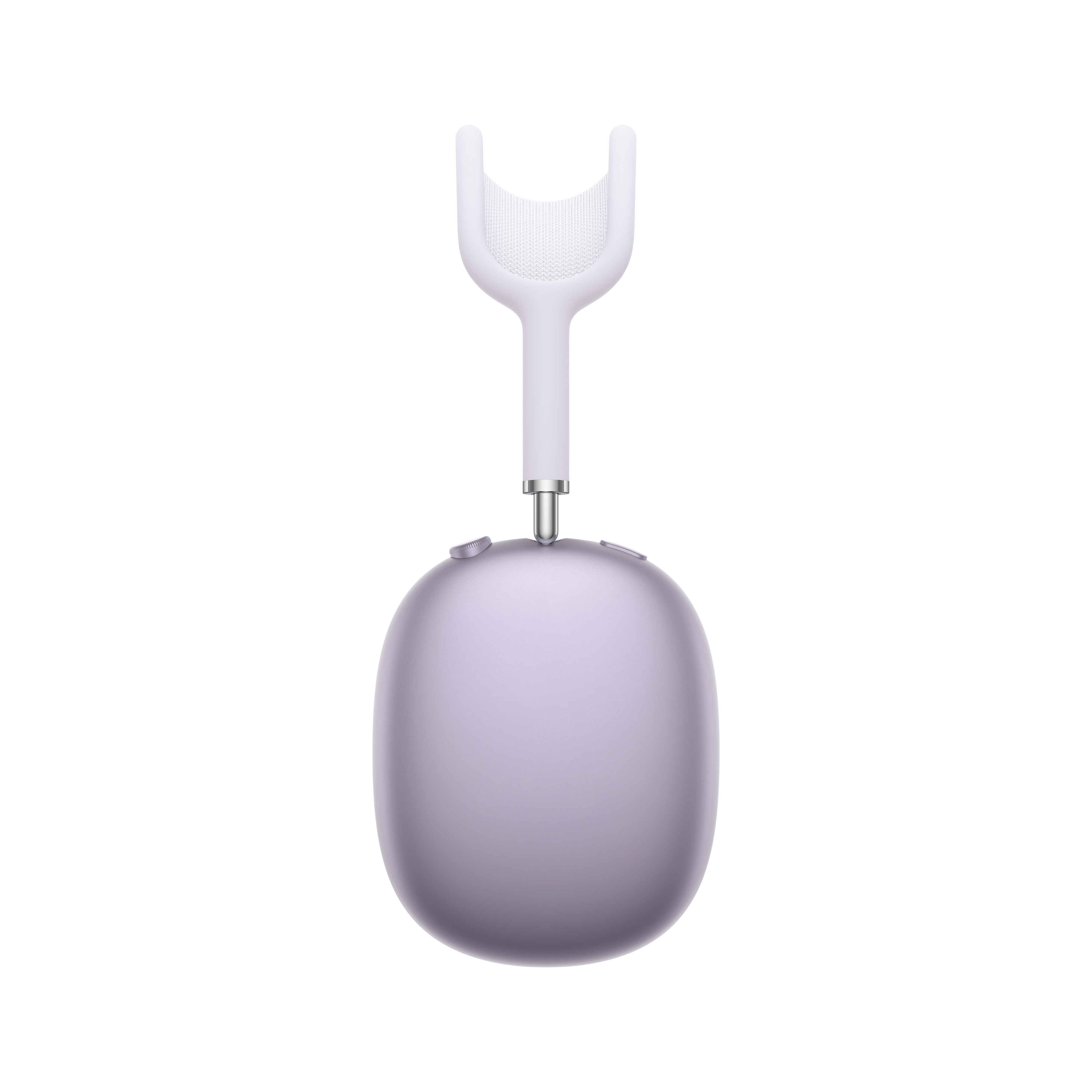 Cuffie bianche e viola su sfondo bianco. Le cuffie sono in posizione verticale.