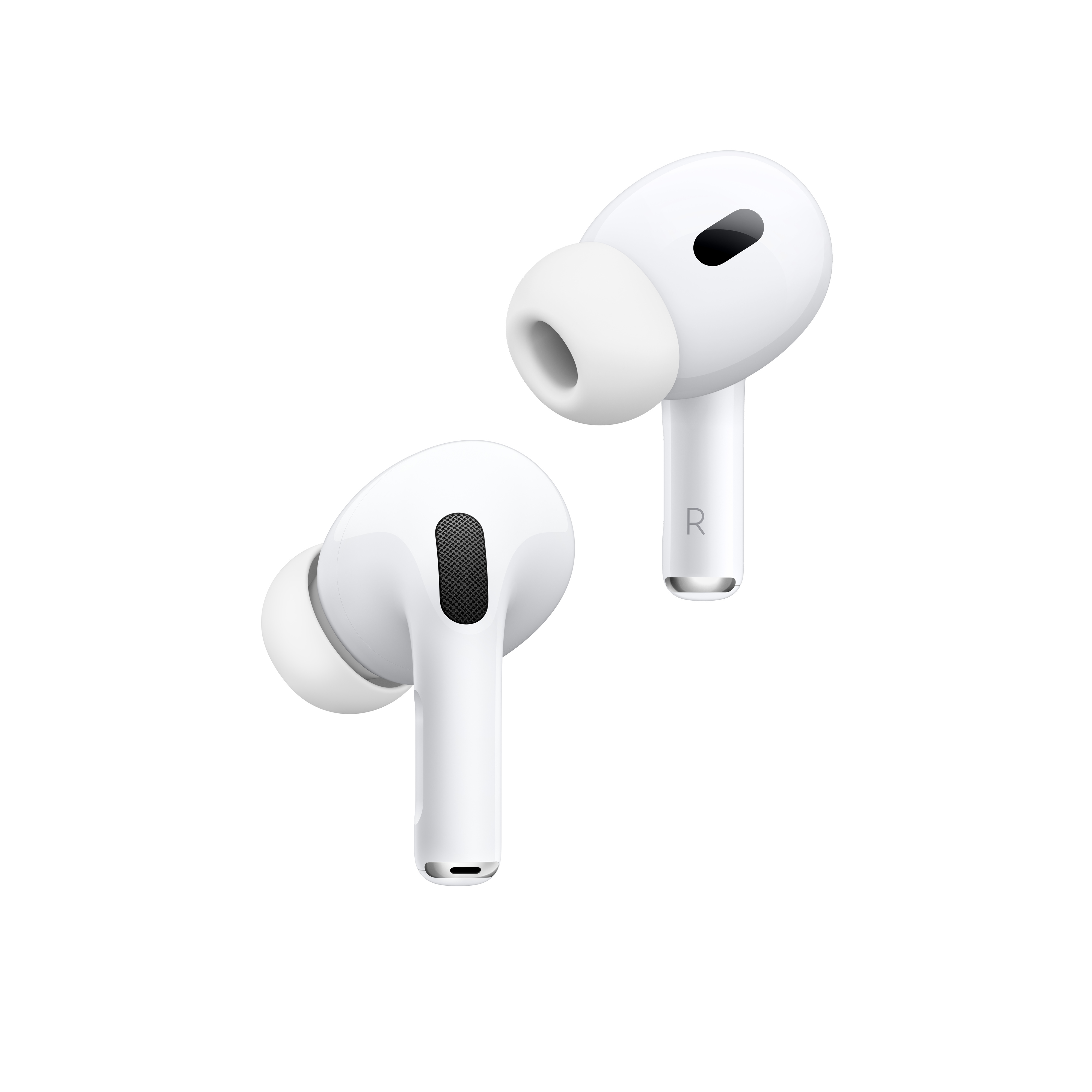 AirPods Pro bianche Apple. Due auricolari wireless con auricolari bianchi, rete nera e stelo corto.