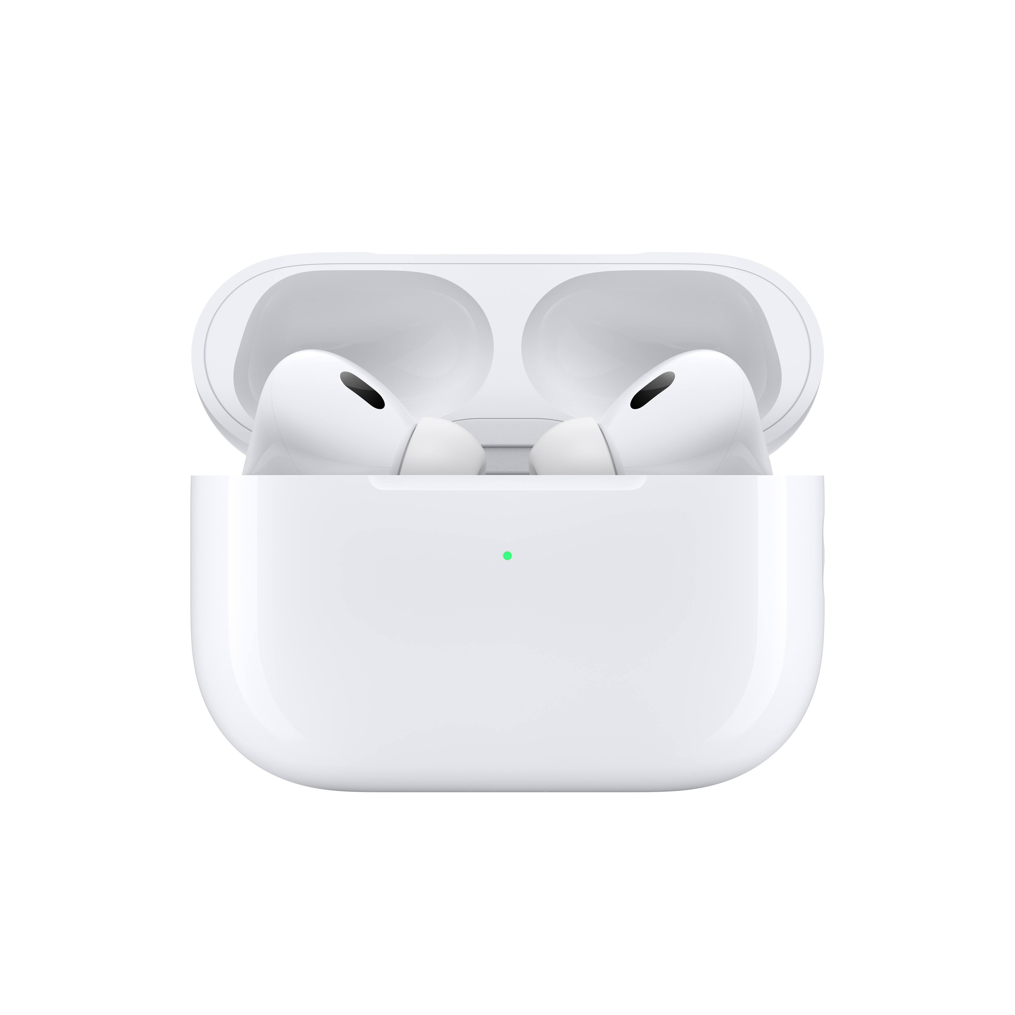 Auricolari wireless bianchi in una custodia di ricarica bianca, con una luce verde visibile.