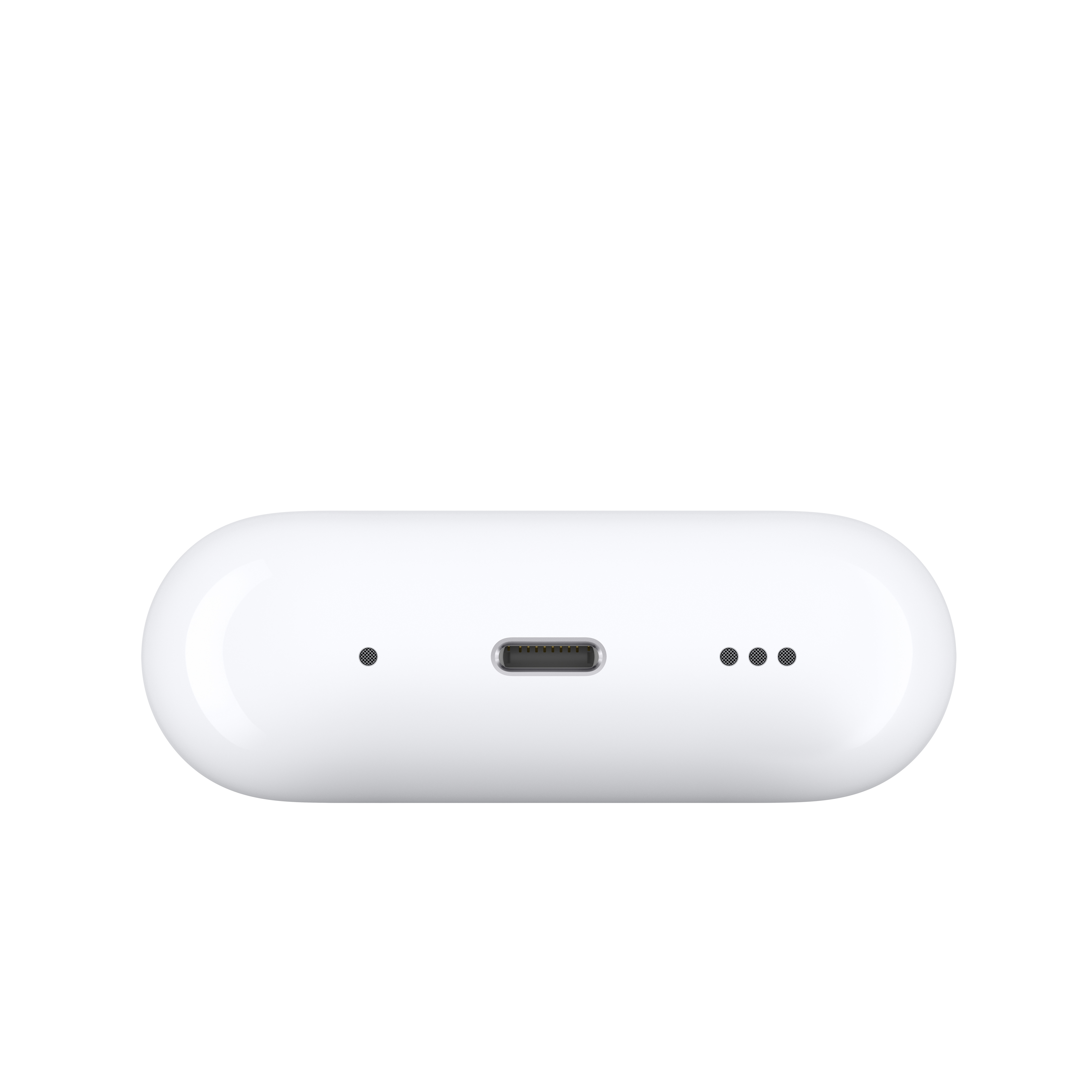 Base della custodia di ricarica bianca con porta USB-C e tre punti. La custodia è lucida.