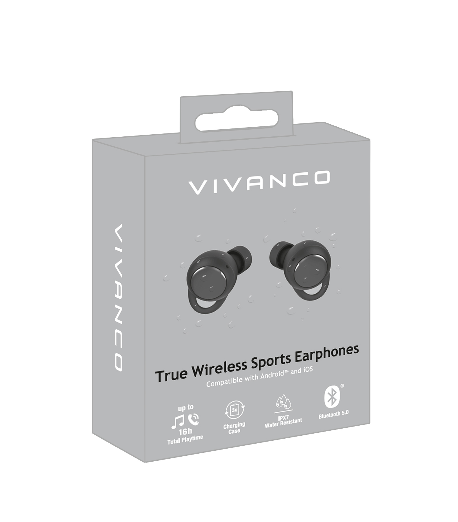 Eine Schachtel mit Vivanco True Wireless Sport-Ohrhörern. Mit Ohrhörern und Ladeinfo.