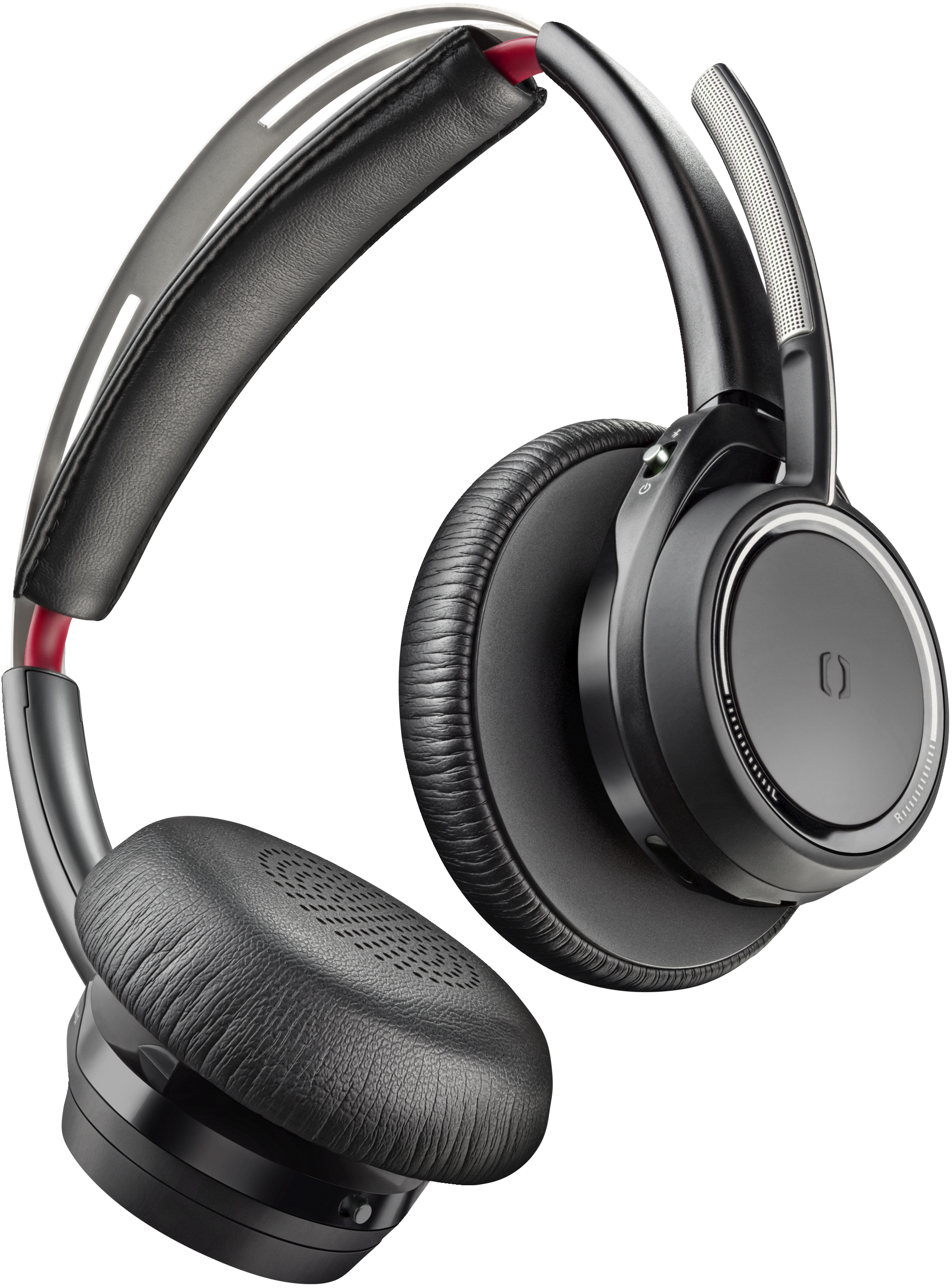 Cuffie Plantronics nere con dettagli rossi. I padiglioni sono rotondi e l'archetto imbottito.