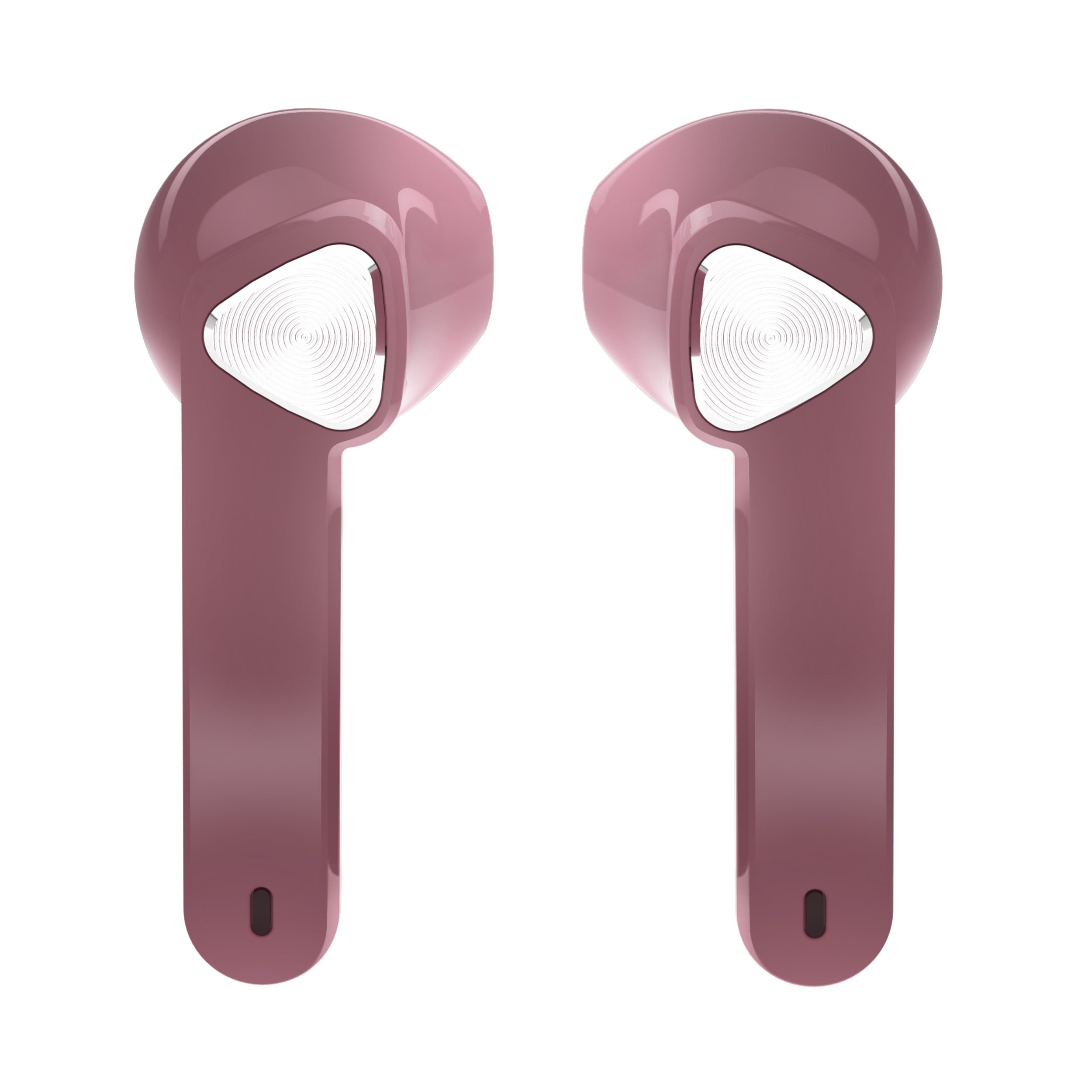 Dwa różowe bezprzewodowe słuchawki na białym tle. Słuchawki są błyszczące i gładkie.