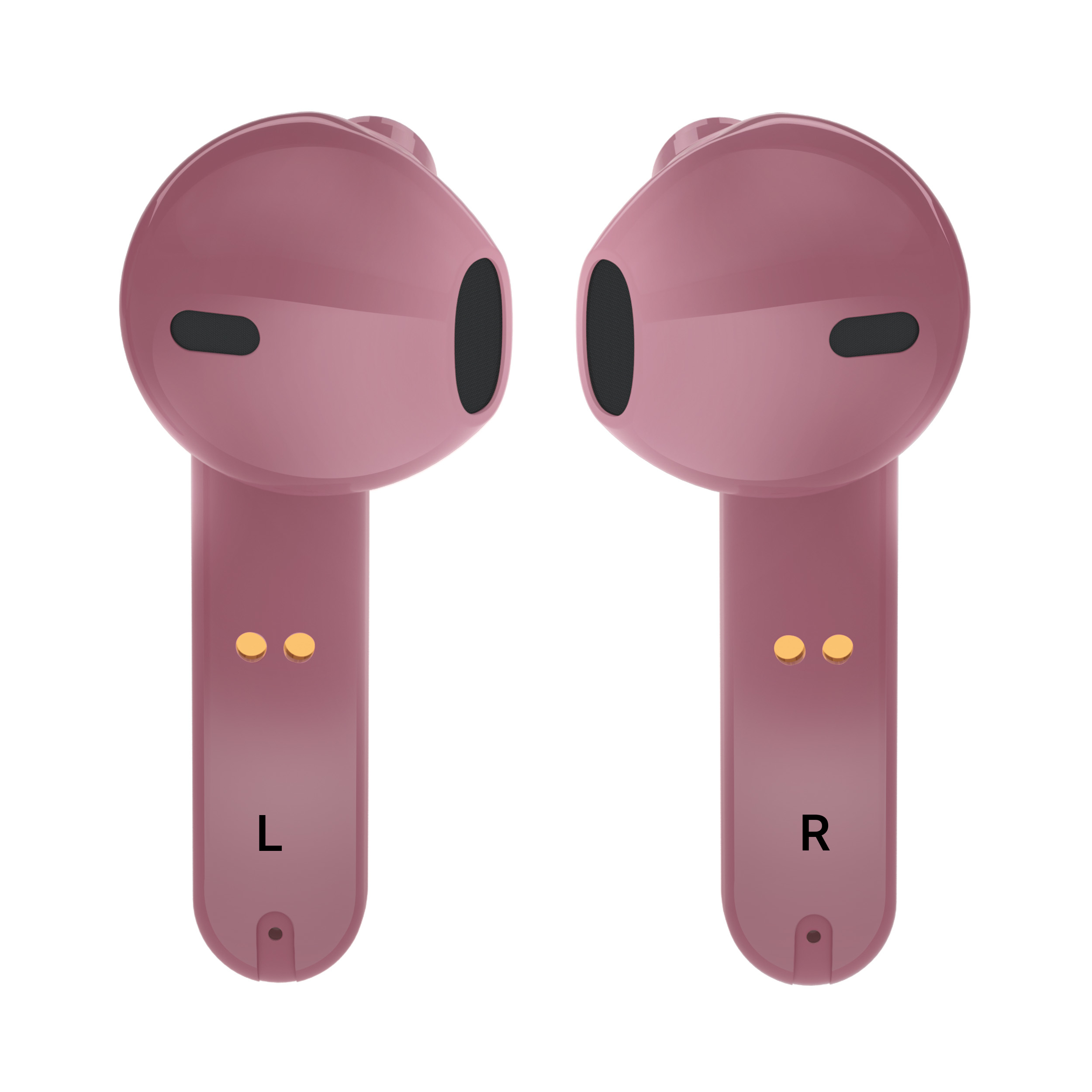 Dwa różowe słuchawki. Białe tło. Każdy ma nóżkę z literami 'L' i 'R'.