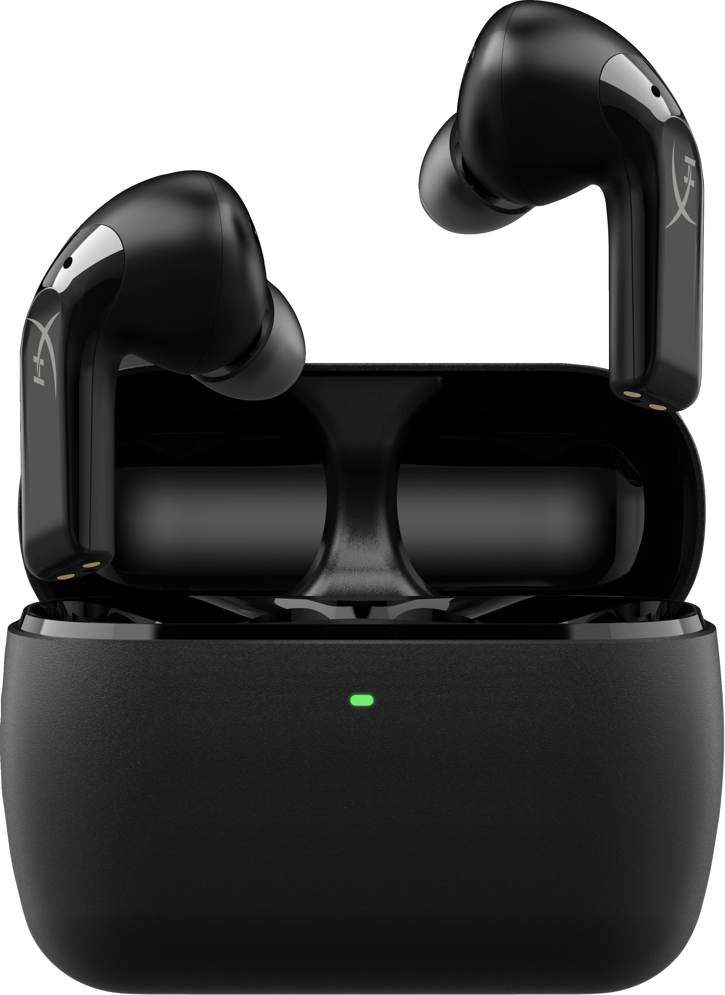 Czarne słuchawki w etui ładującym. Etui jest otwarte. Białe tło.