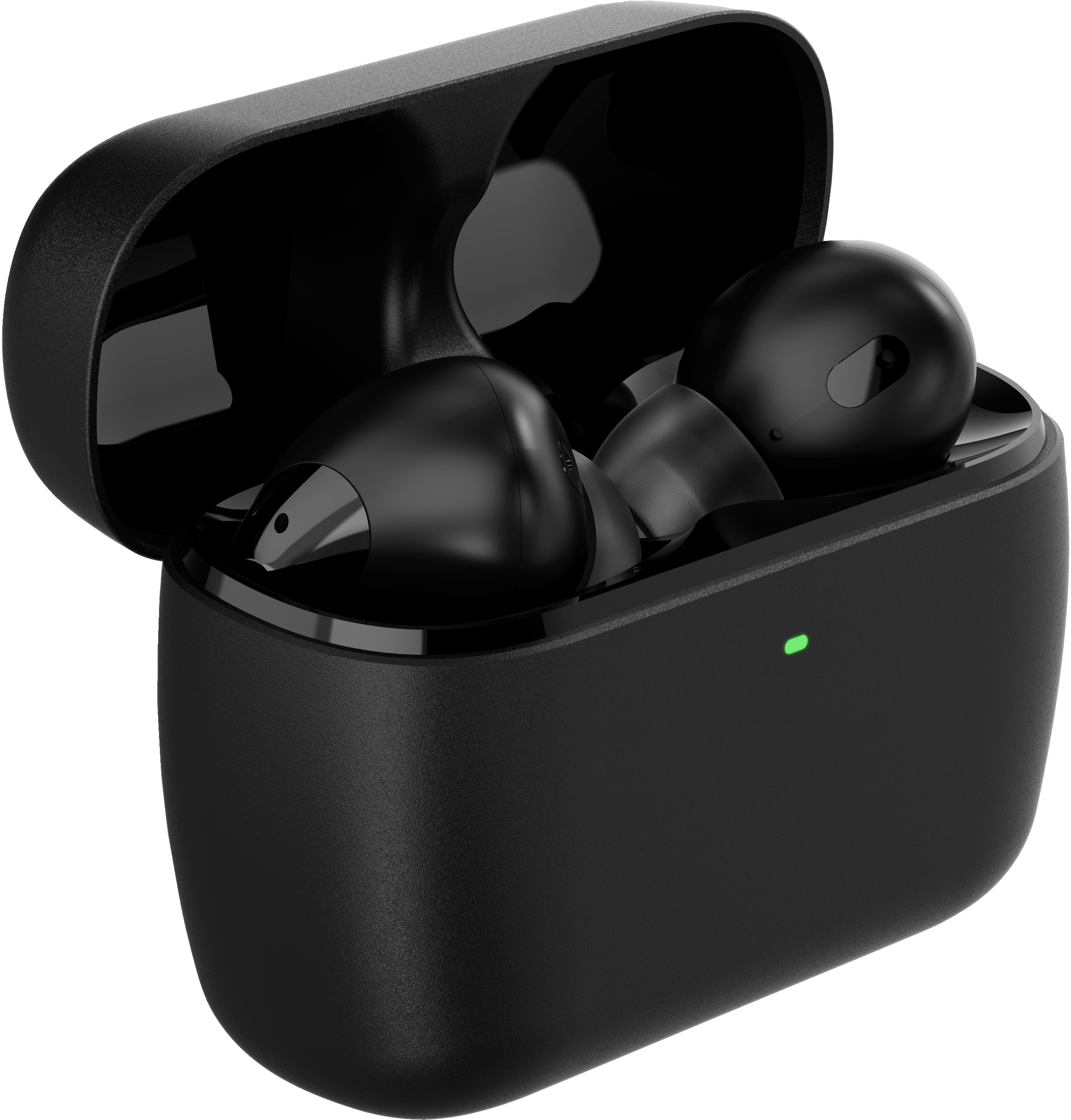Czarne słuchawki douszne w otwartym czarnym etui, z widocznym zielonym światłem. Tło jest białe.