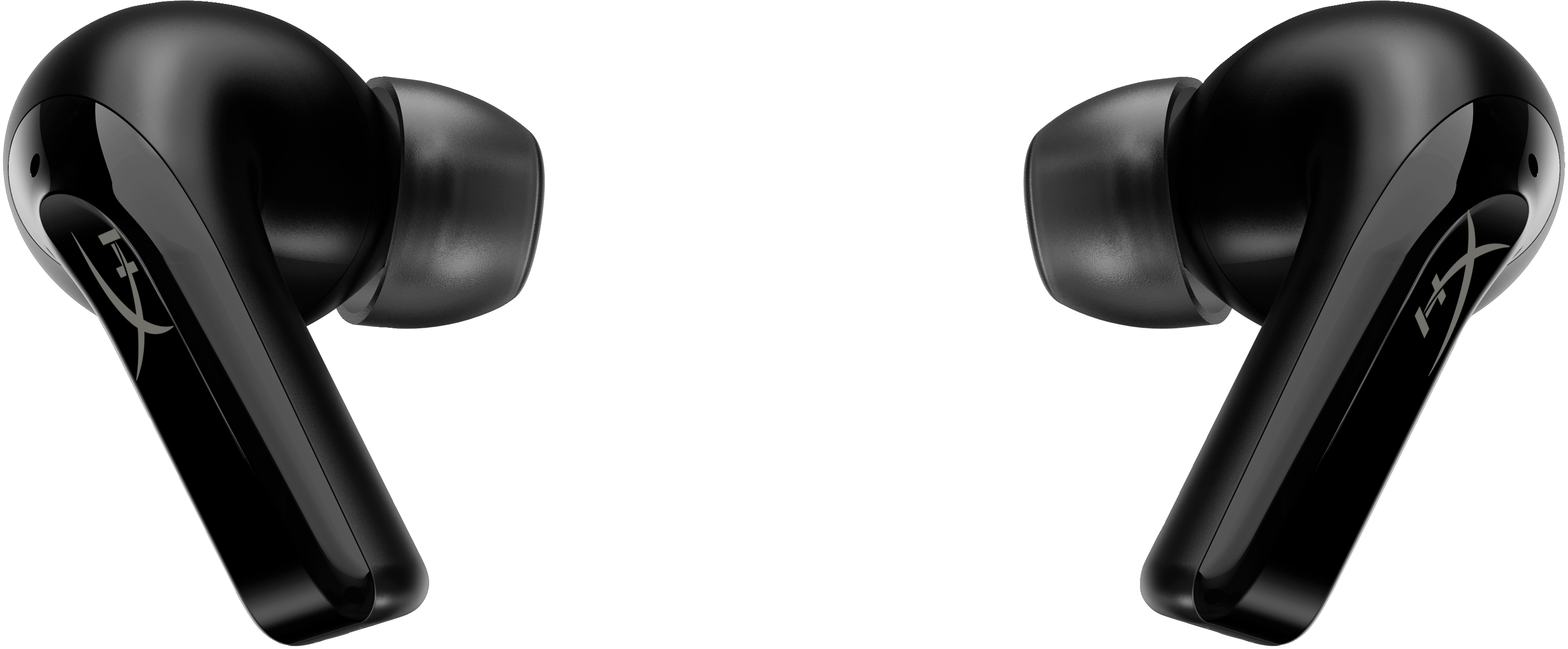 Dwa czarne słuchawki HyperX. Każdy ma długą nóżkę i logo HyperX w kolorze srebrnym.