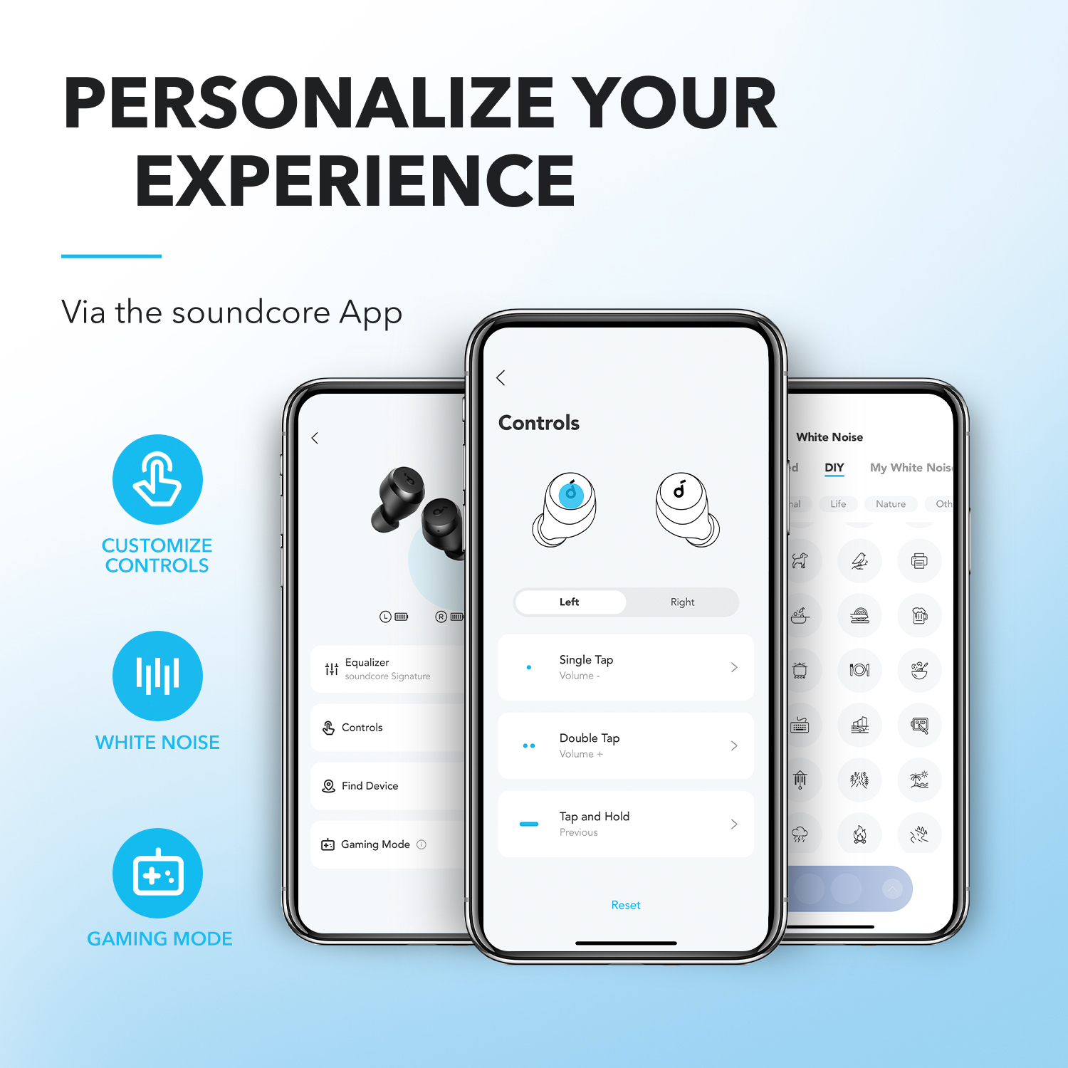 Tre telefoni con controlli auricolari sullo schermo. Controlli dell'app.