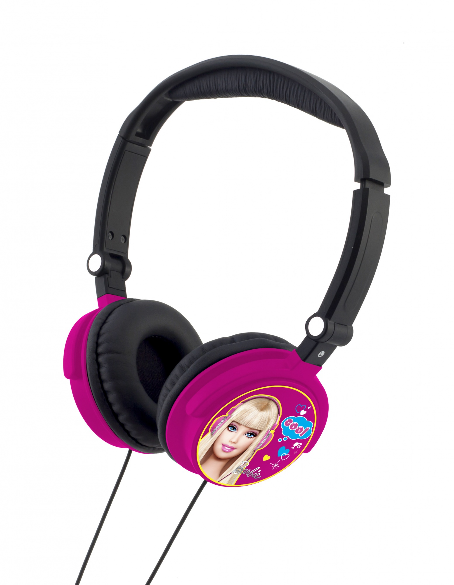 Cuffie Barbie rosa e nere, con immagine di Barbie.