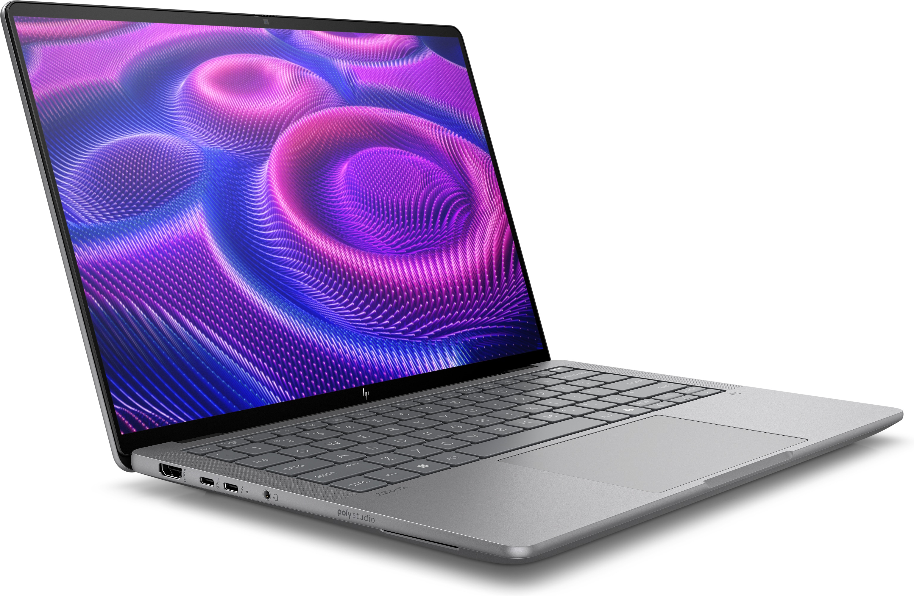 Laptop argentato con schermo che mostra un design a onde viola e blu, leggermente angolato.