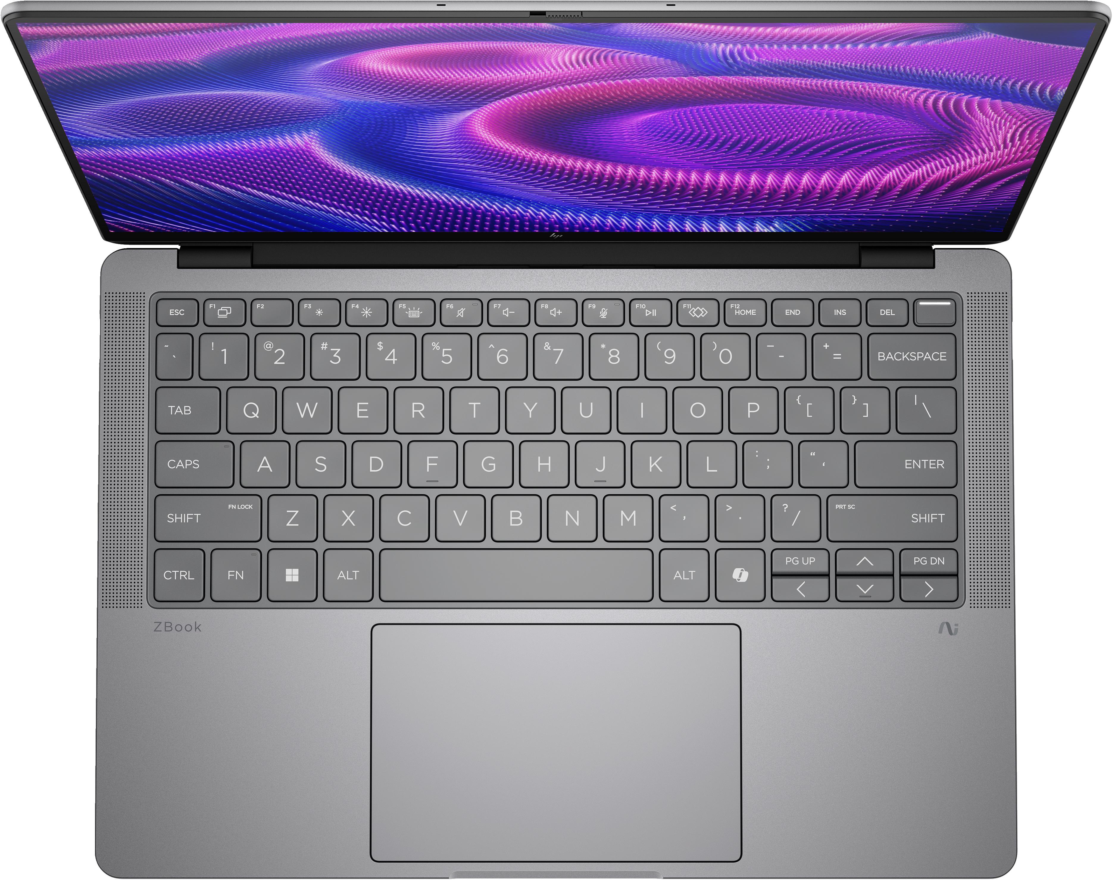 Laptop argentato, aperto, vista angolata. Tastiera visibile, schermo con design astratto.