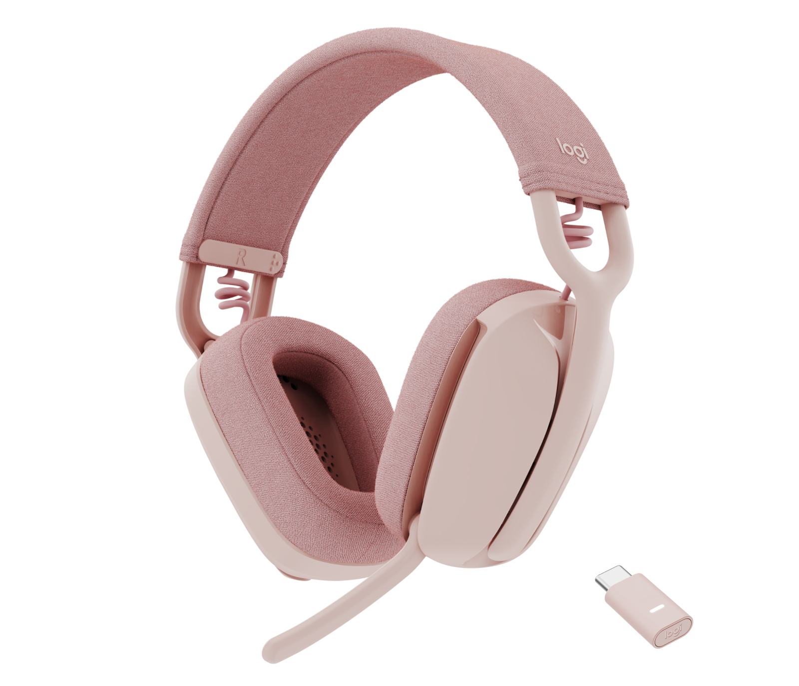 Cuffie rosa con microfono rosa e dongle USB-C rosa, isolate su bianco.