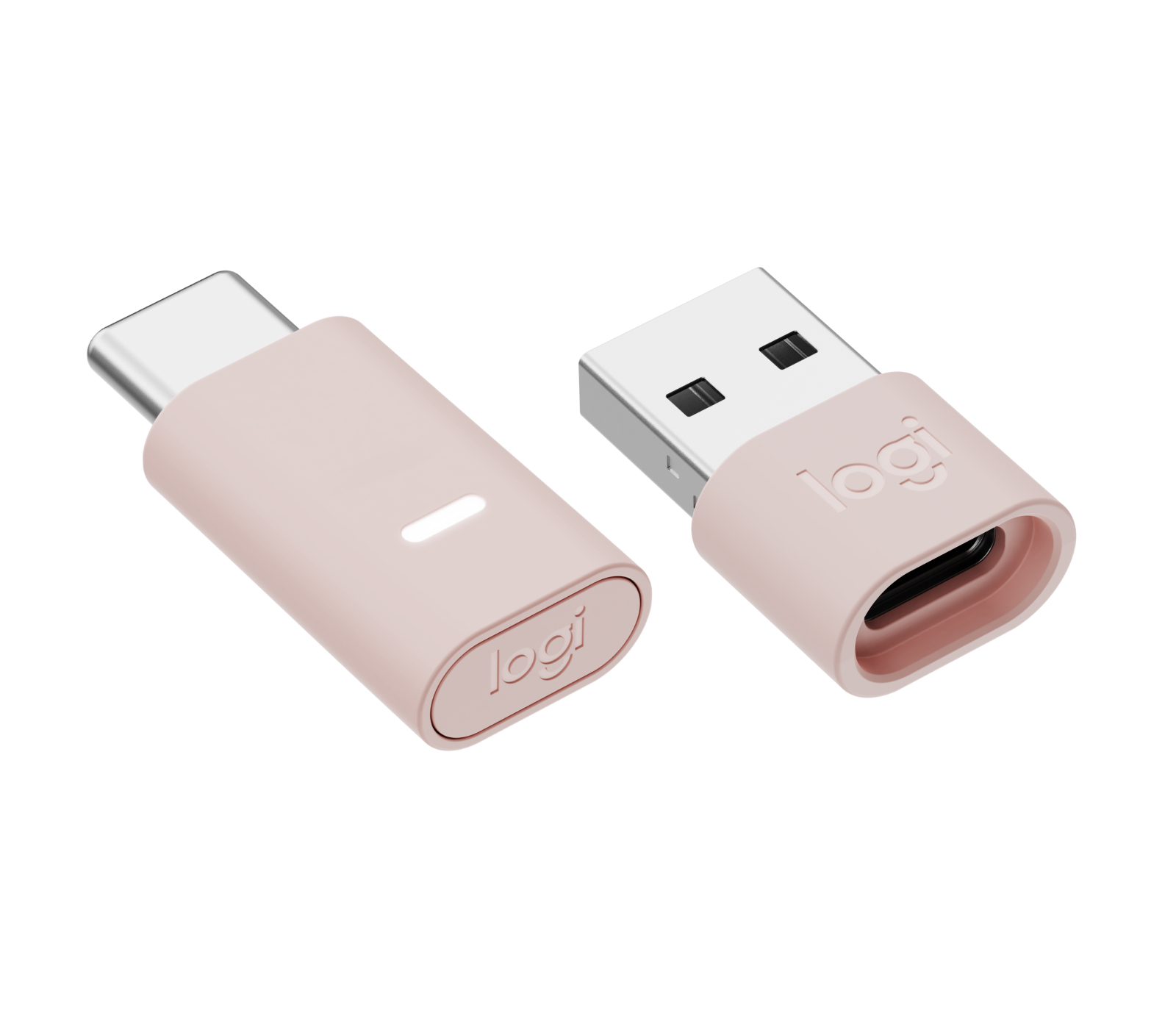 Due adattatori USB Logitech rosa. Uno è da USB-C a USB-A, l'altro è USB-A con porta USB-C.