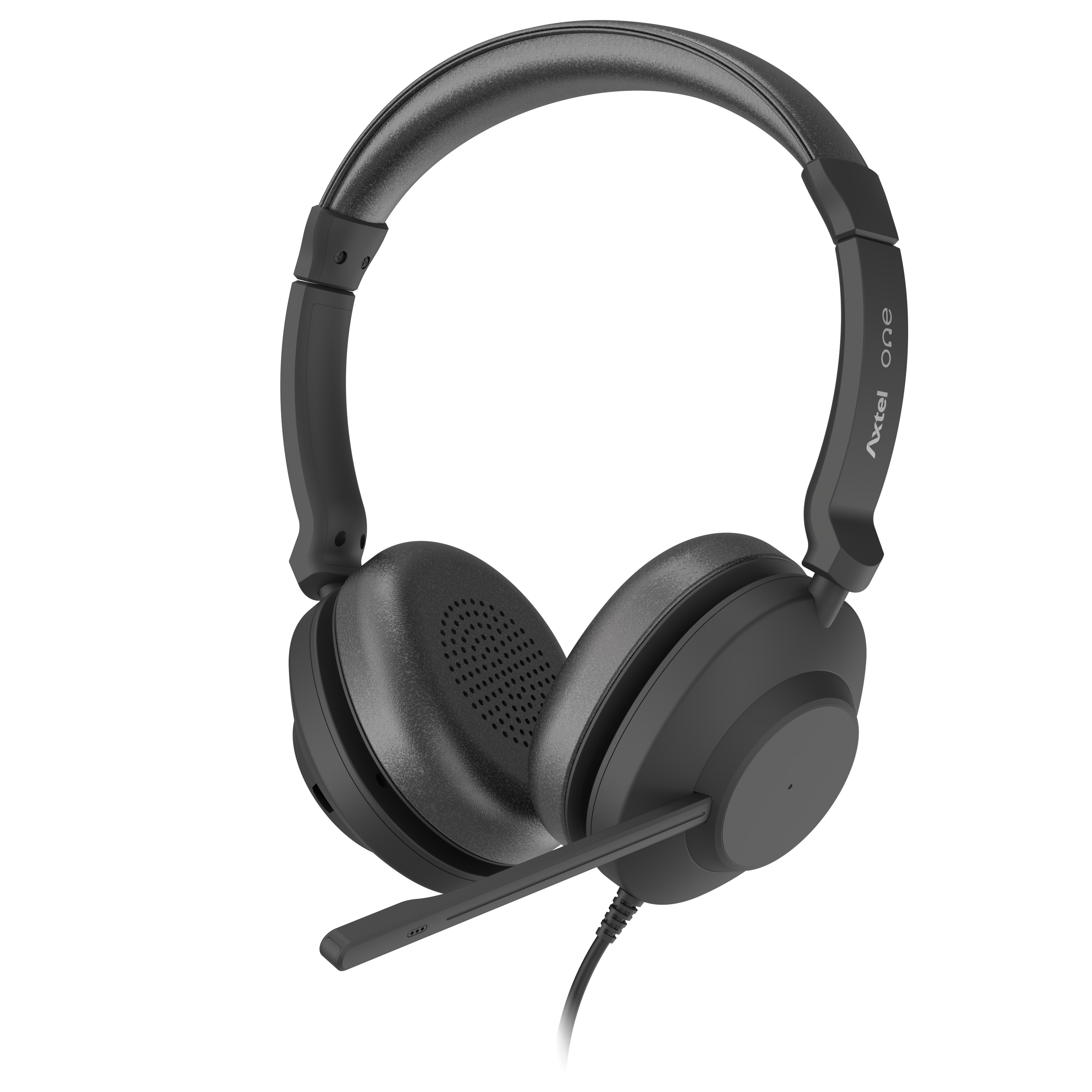 Czarny zestaw słuchawkowy z mikrofonem na białym tle.