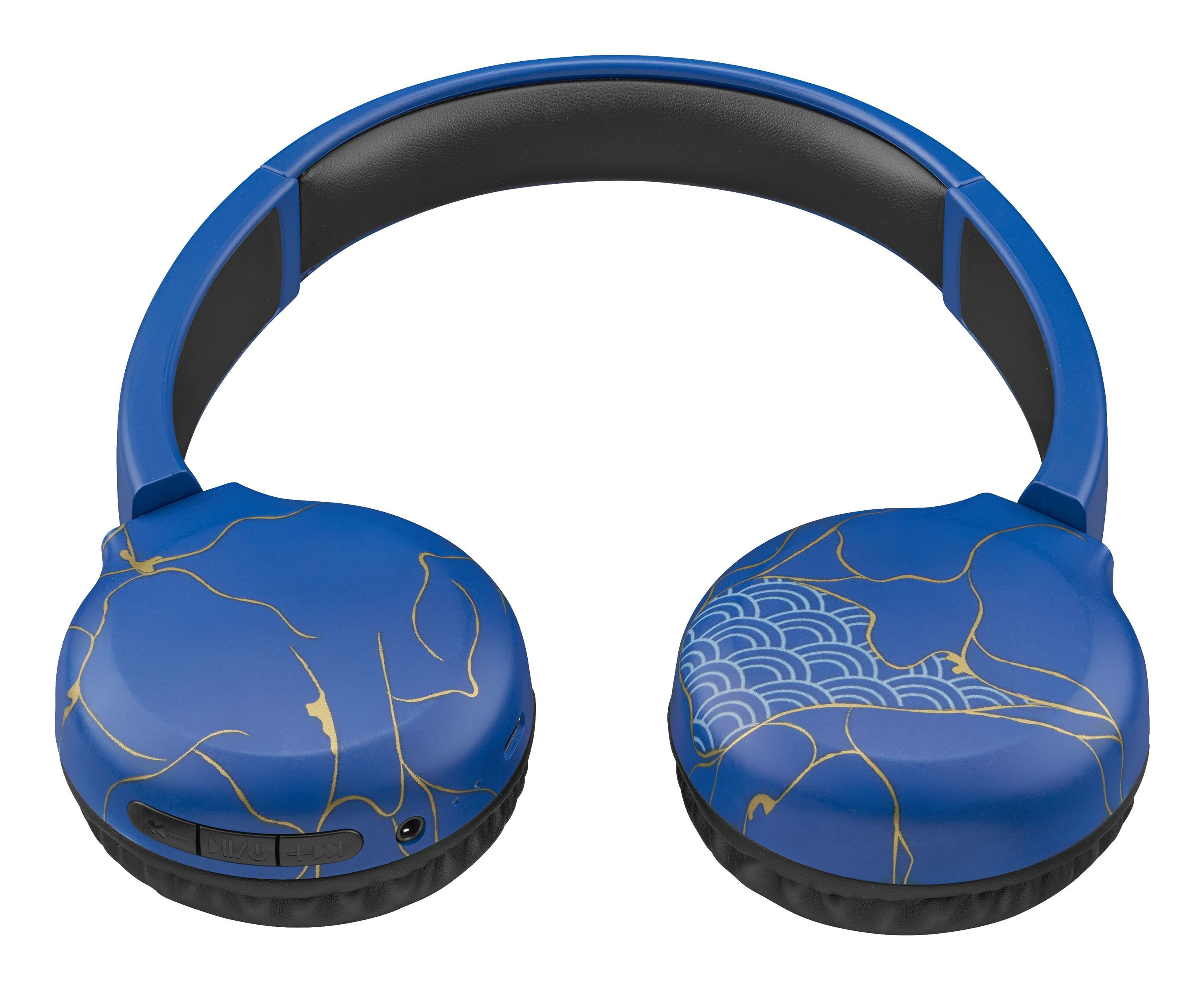 Cuffie blu con design dorato. Sfondo bianco.
