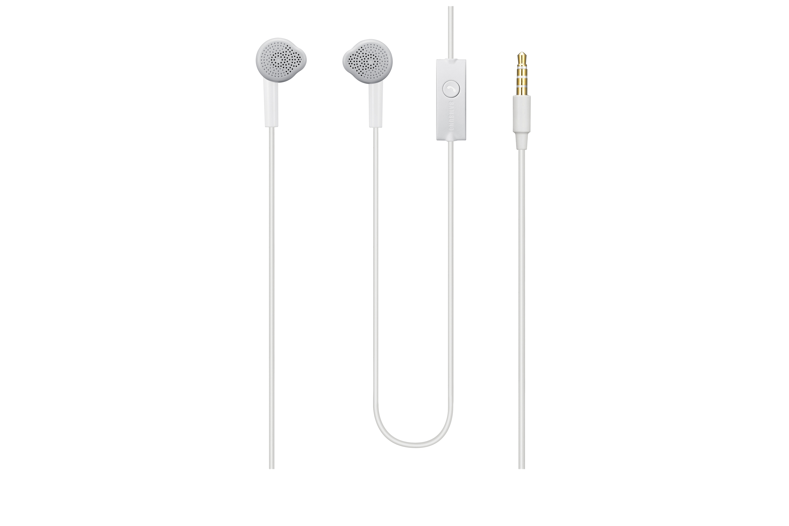 Auricolari bianchi Samsung, un modulo di controllo e un jack dorato su sfondo bianco.