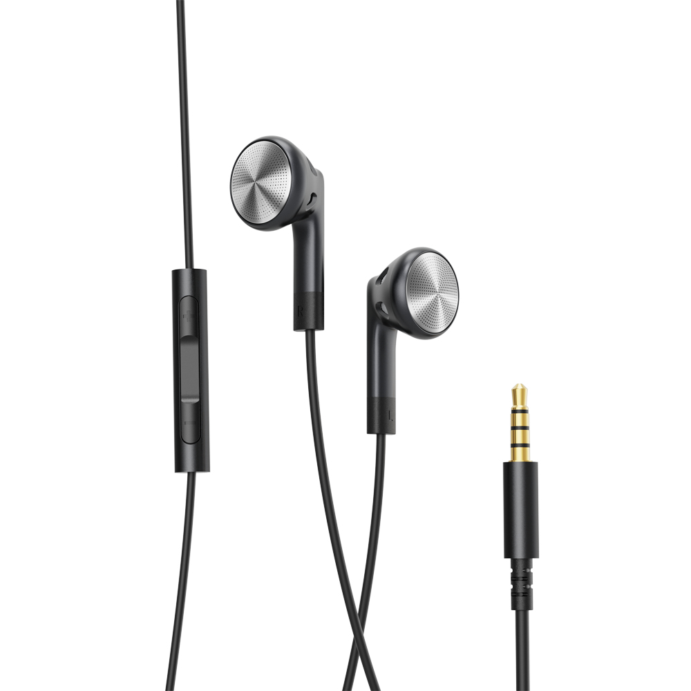 Schwarze Ohrhörer mit Bedienfeld und goldfarbenem Stecker auf Weiß.