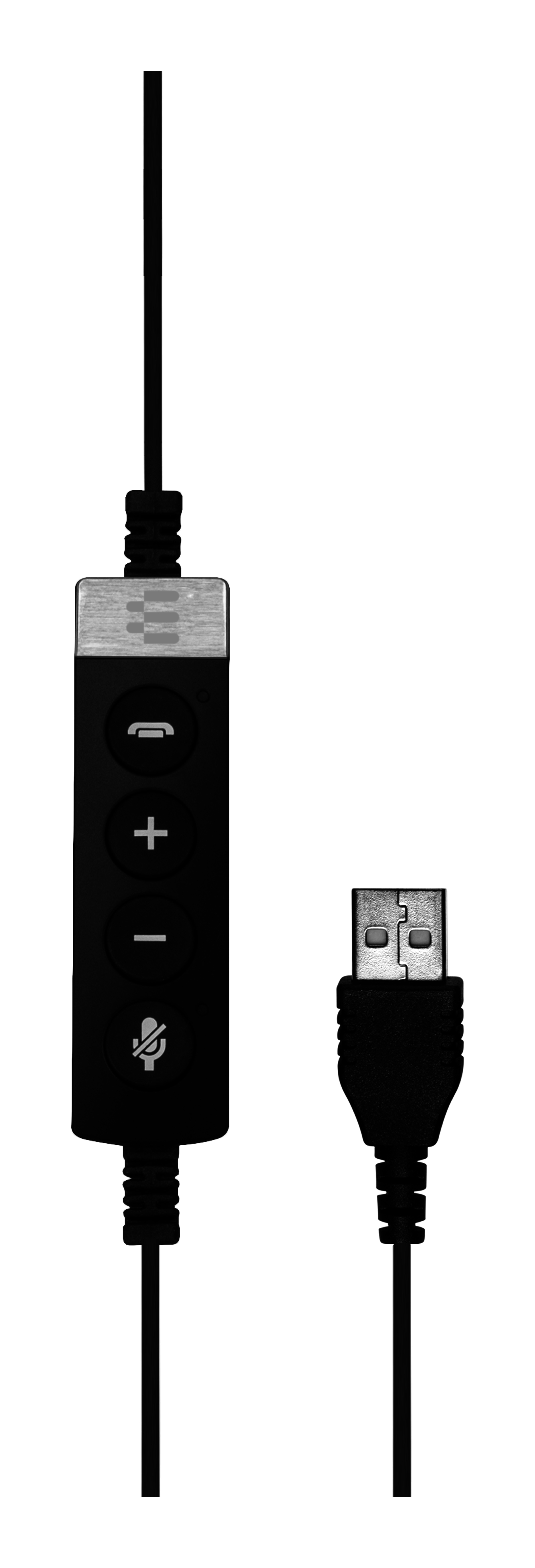 Cavo USB nero con telecomando in linea. Il telecomando ha pulsanti e microfono.