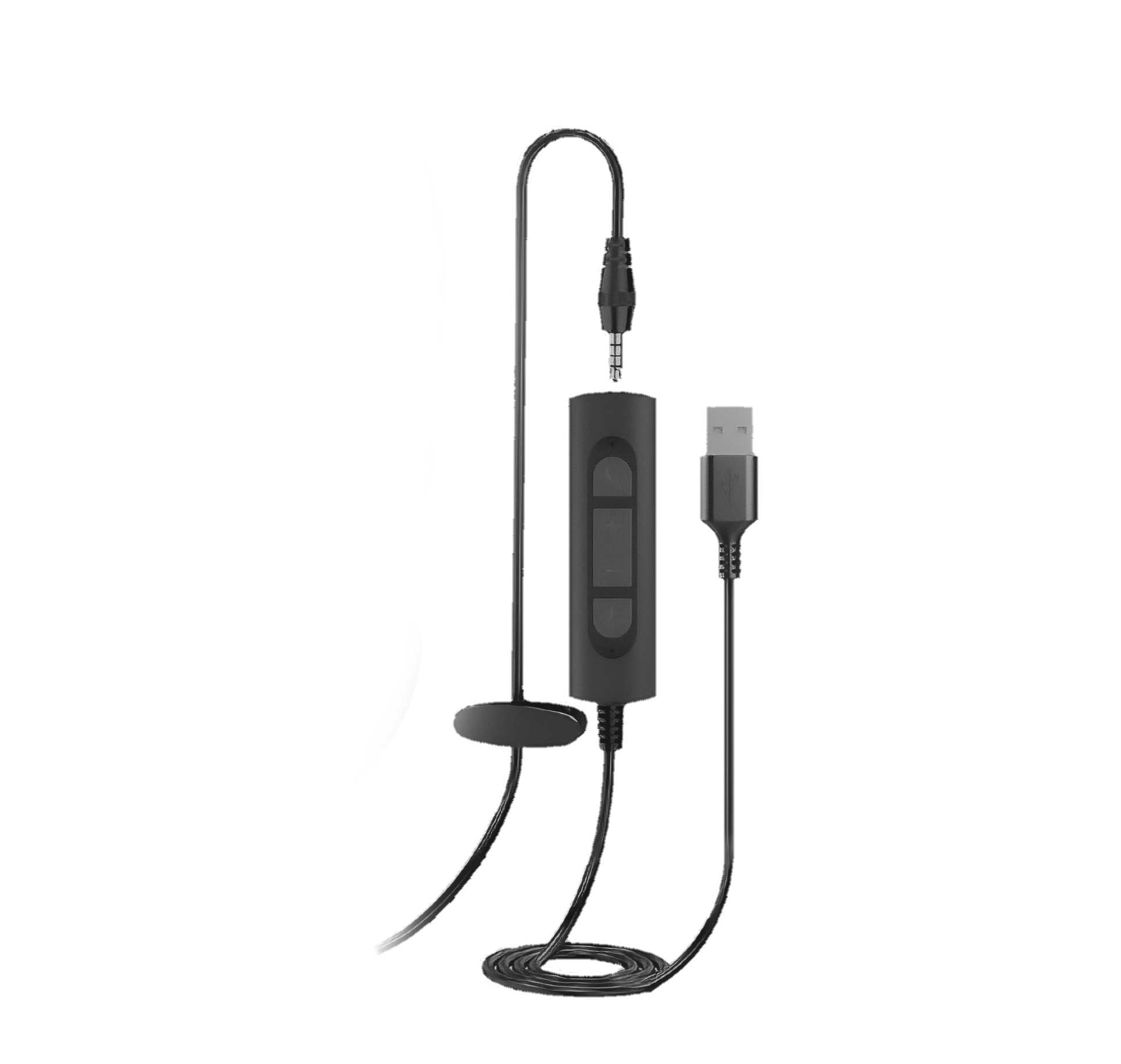 Schwarzes Kabel mit Bedienelementen und USB-Anschluss. Weißer Hintergrund.