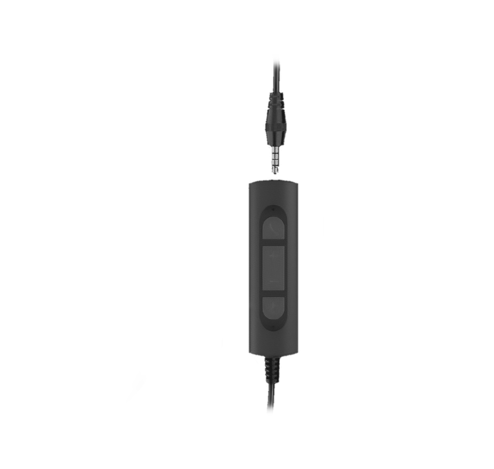 Schwarze Audiosteuerung. Eine Kopfhörerbuchse, Inline-Steuerung und ein Stecker.