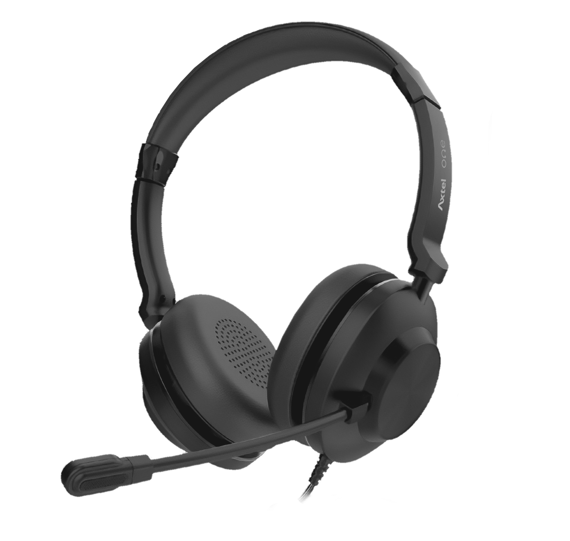 Schwarzes Headset mit Mikrofon, weißer Hintergrund.