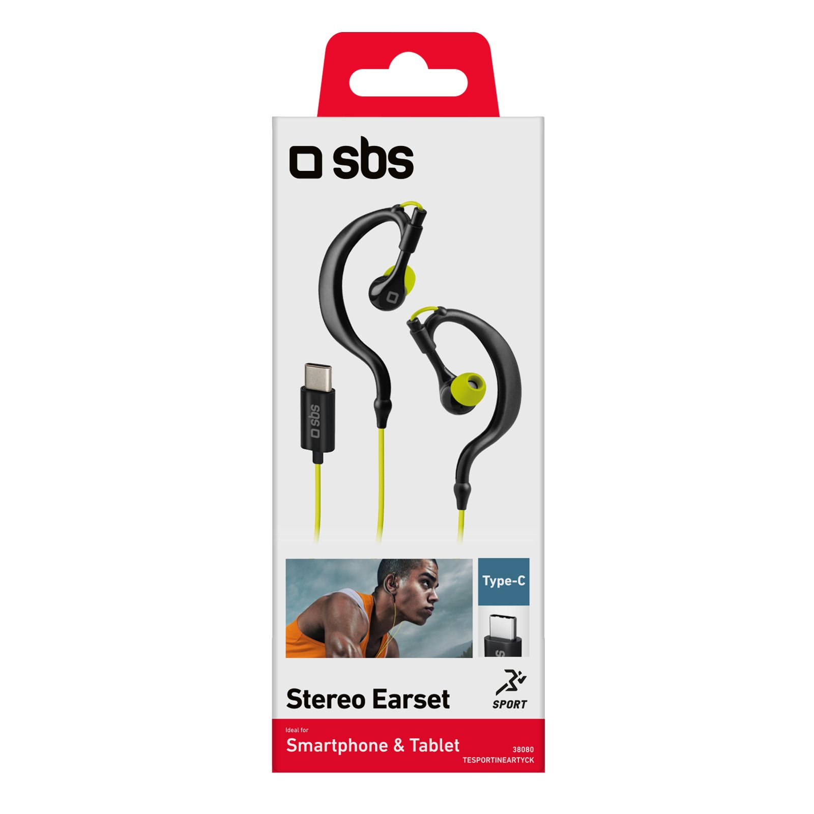 Caja de producto con auriculares deportivos amarillos y negros y foto de un hombre usándolos.