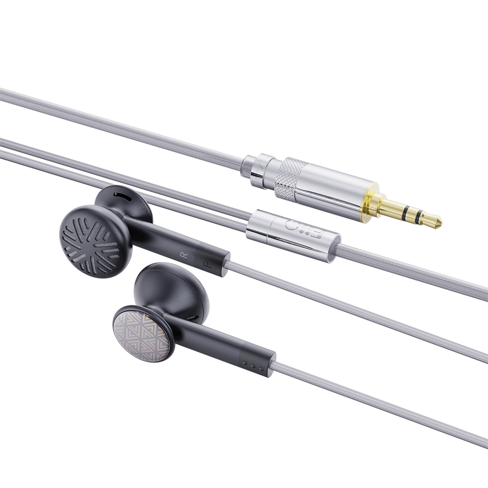 Zwarte en zilveren in-ear oordopjes met een zilveren connector. Witte achtergrond.