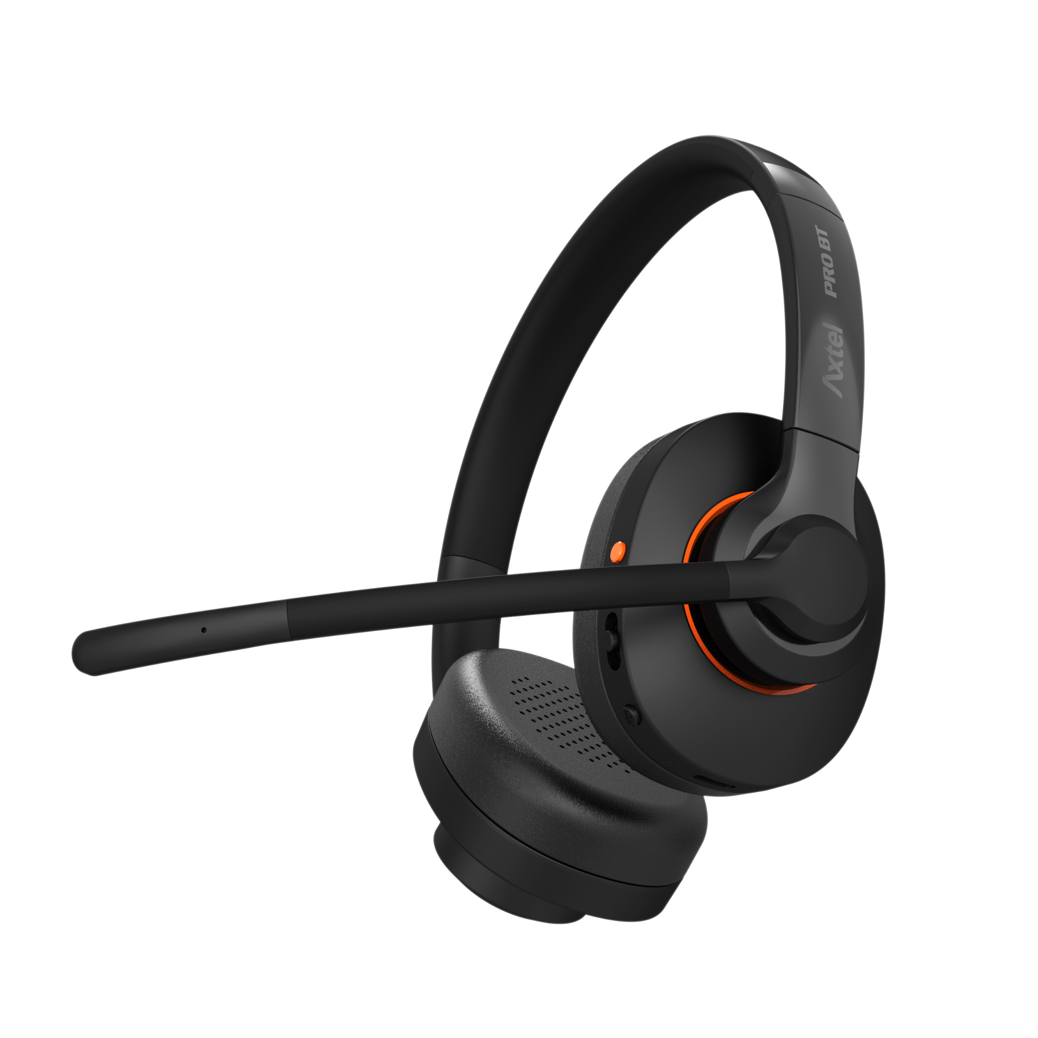 Cuffie nere con dettagli arancioni e microfono. Marchio 'Axtel PRO BT'.