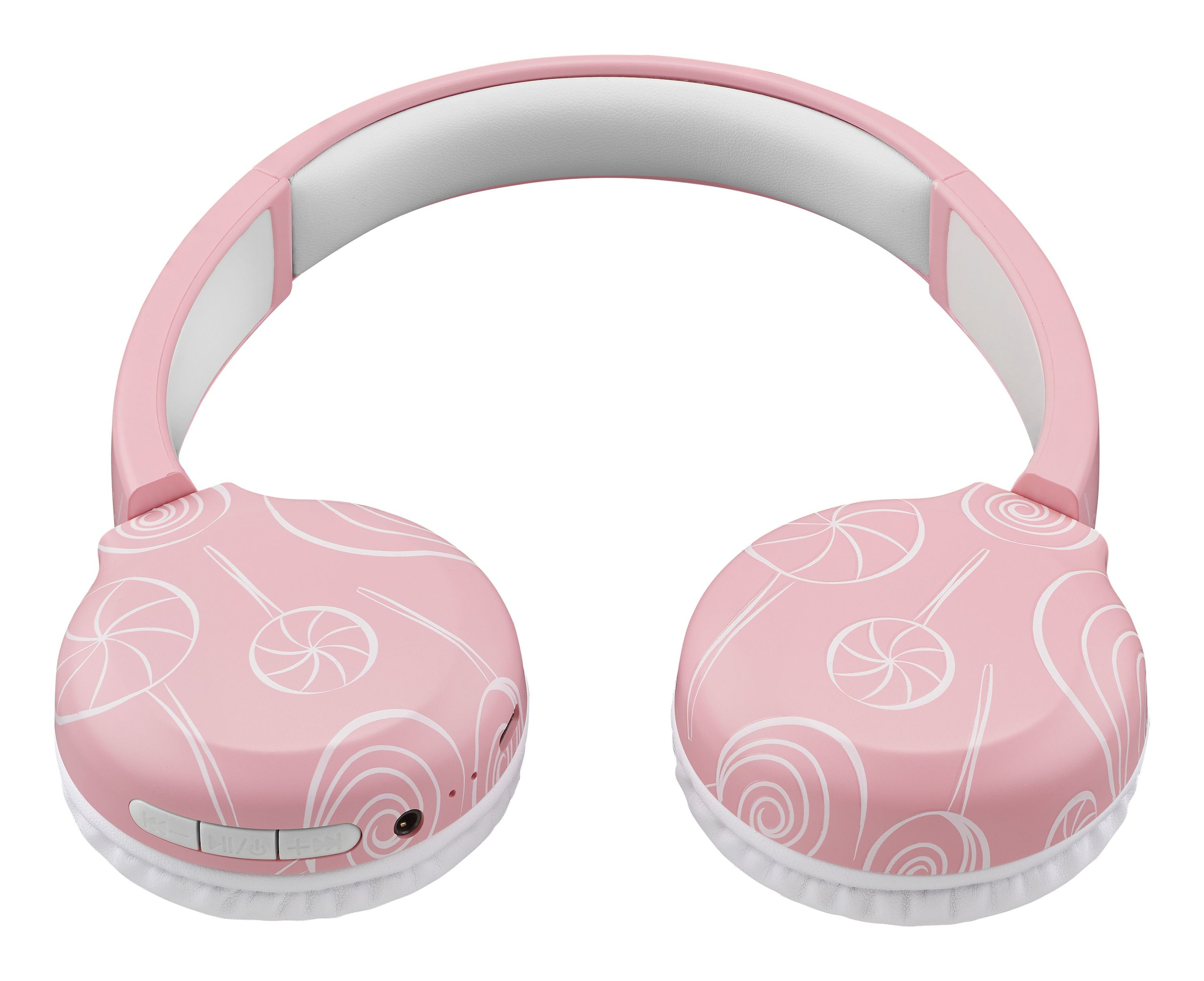 Różowe słuchawki z wzorem lizaków na nausznikach. Słuchawki znajdują się na białym tle.