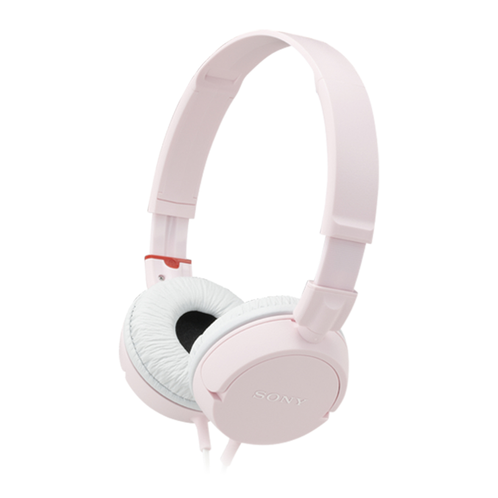 Cuffie Sony rosa chiaro su sfondo bianco. Padiglioni e fascia visibili. Logo Sony presente.