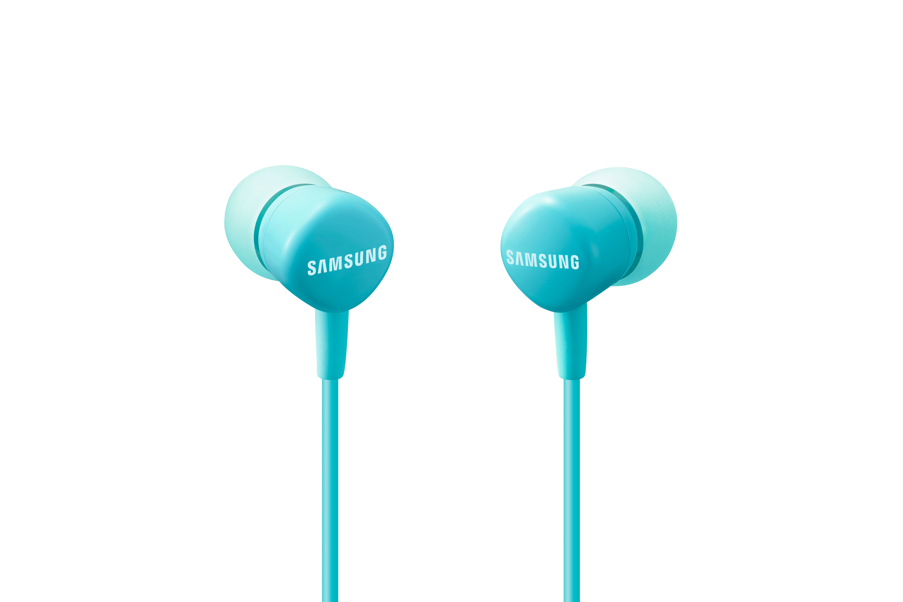 Due auricolari turchesi con un cavo turchese. Il logo Samsung è visibile su ciascuno.