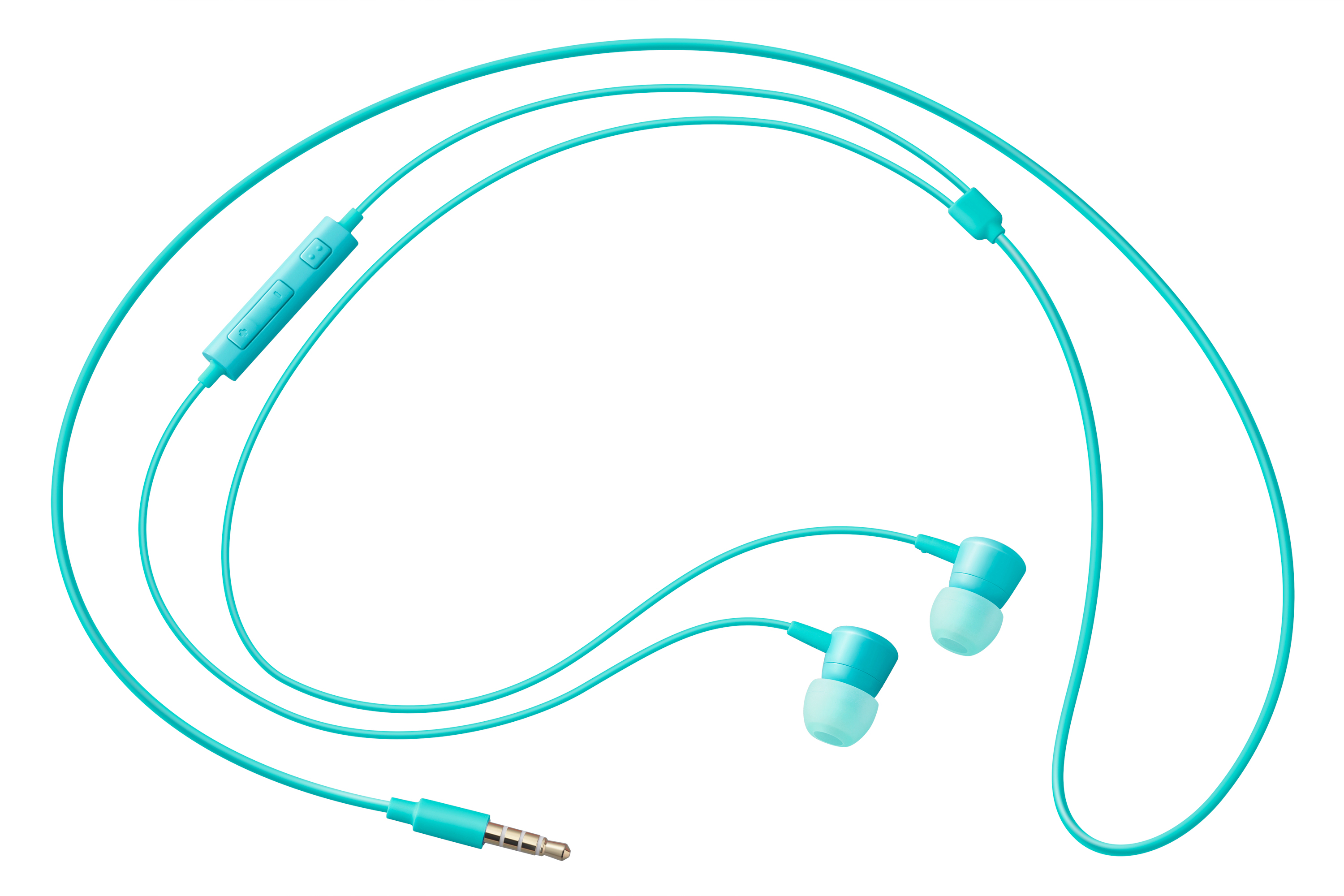 Auricolari con cavo blu e modulo di controllo. Gli auricolari e il controllo sono blu e bianchi.