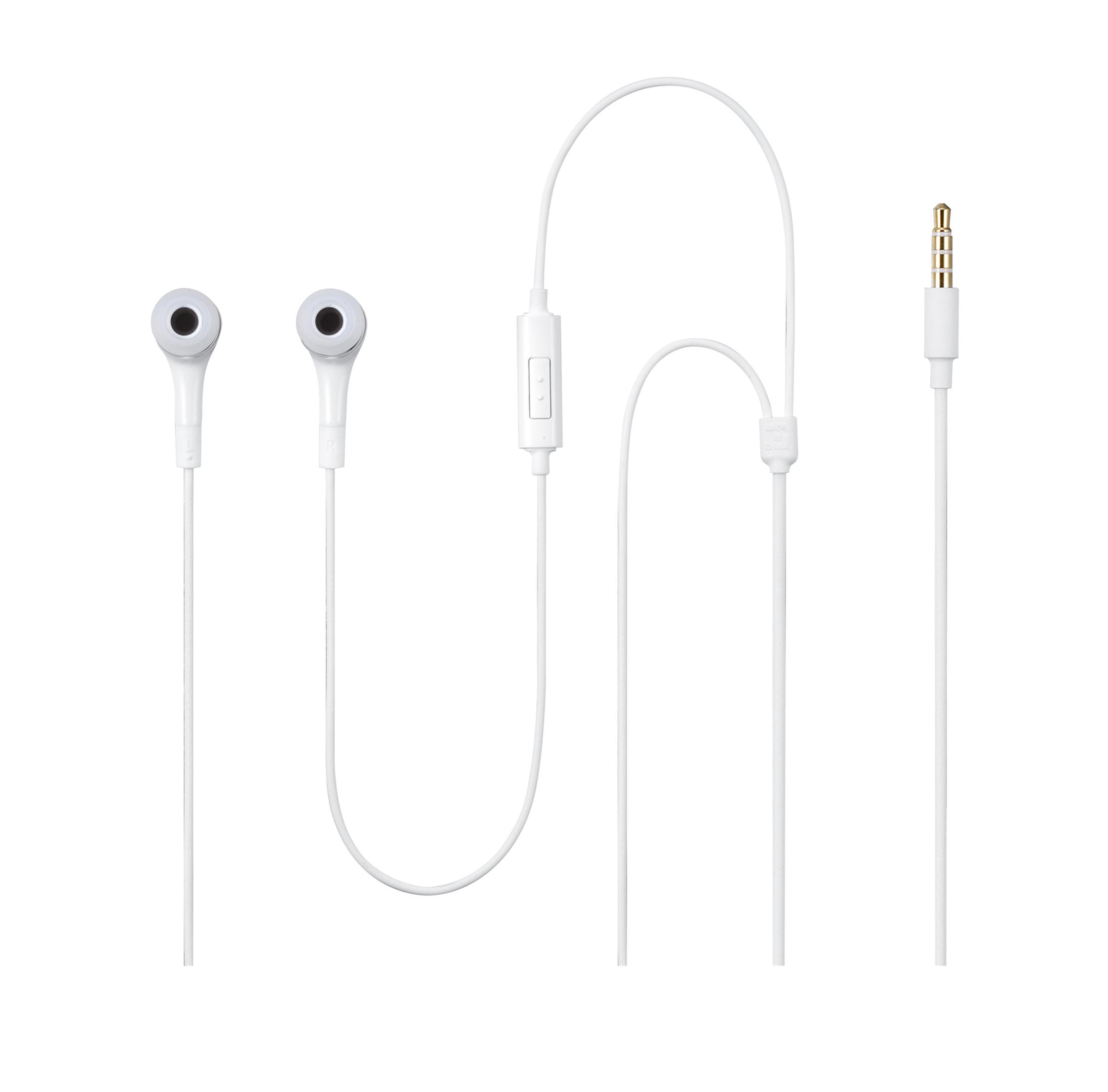 Auricolari bianchi con modulo di controllo e jack da 3,5 mm. Il cavo è bianco su sfondo bianco.