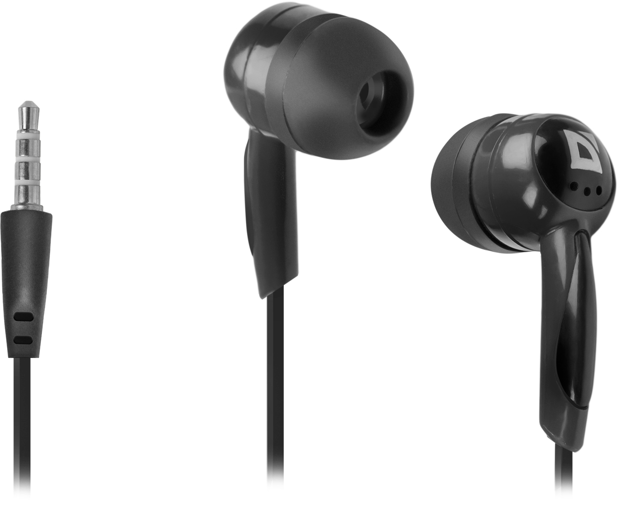 Auricolari neri con jack da 3,5 mm su sfondo bianco.