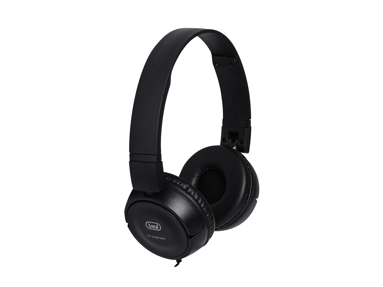 Black headphones with a black cable on a white background. The headphones are on the table.