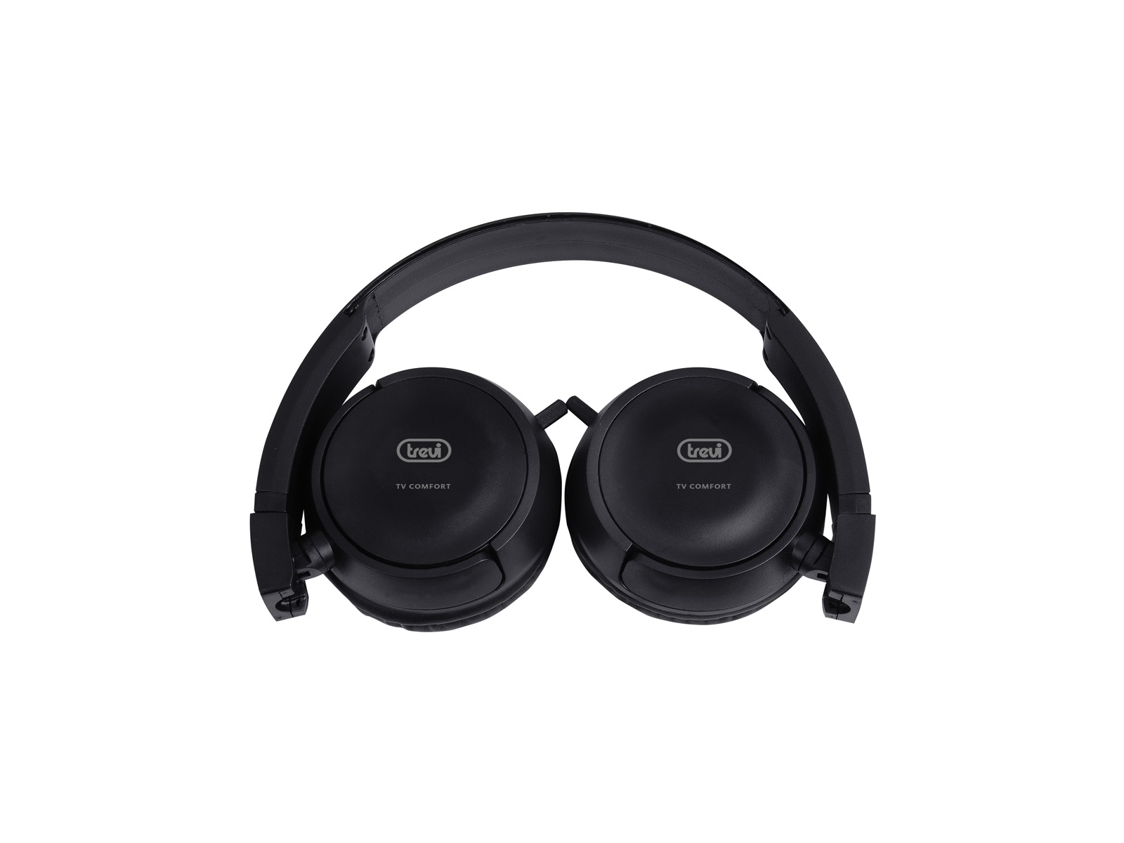 Black headphones folded on a white background, with the brand logo.