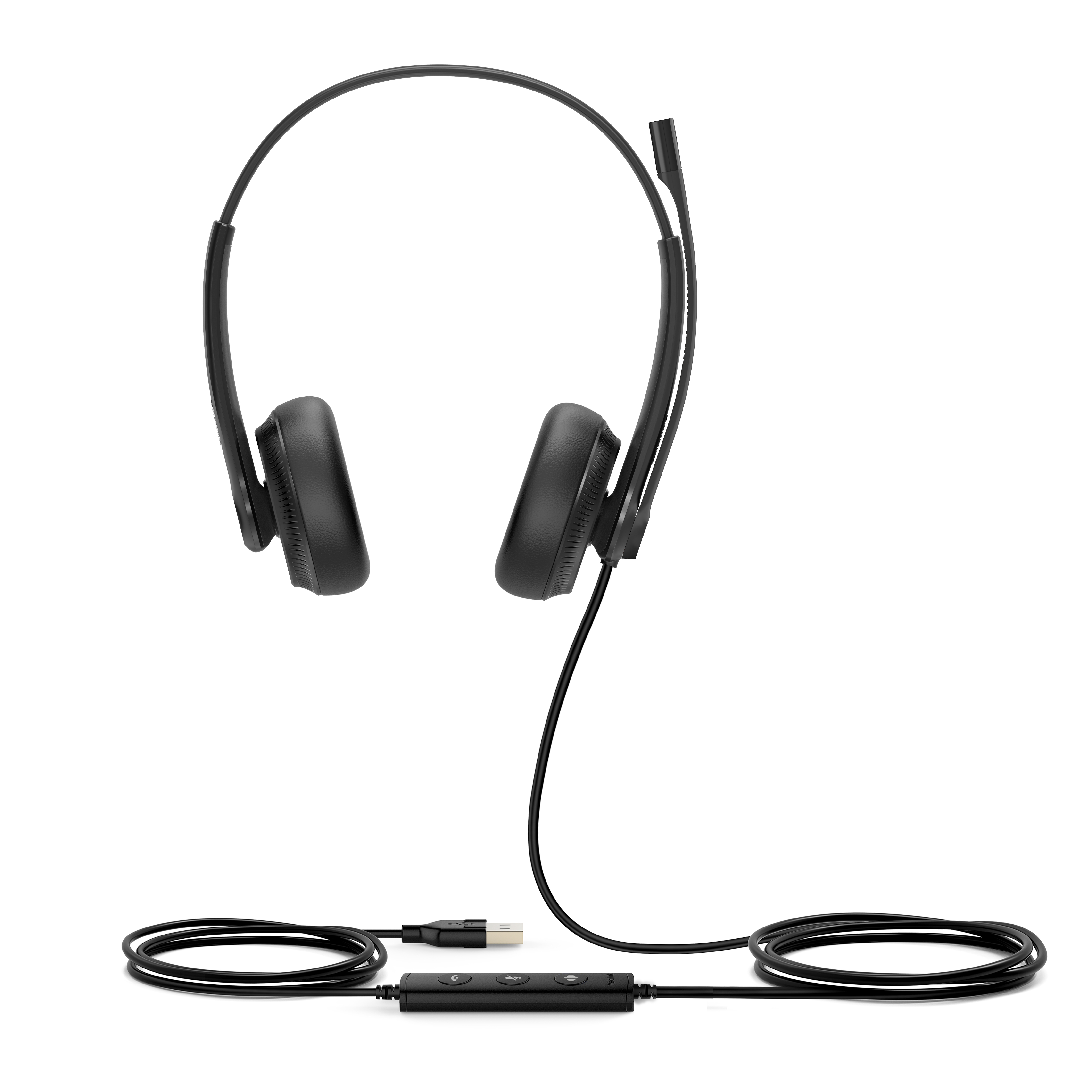 Cuffie nere con cavo USB. Le cuffie sono su sfondo bianco.