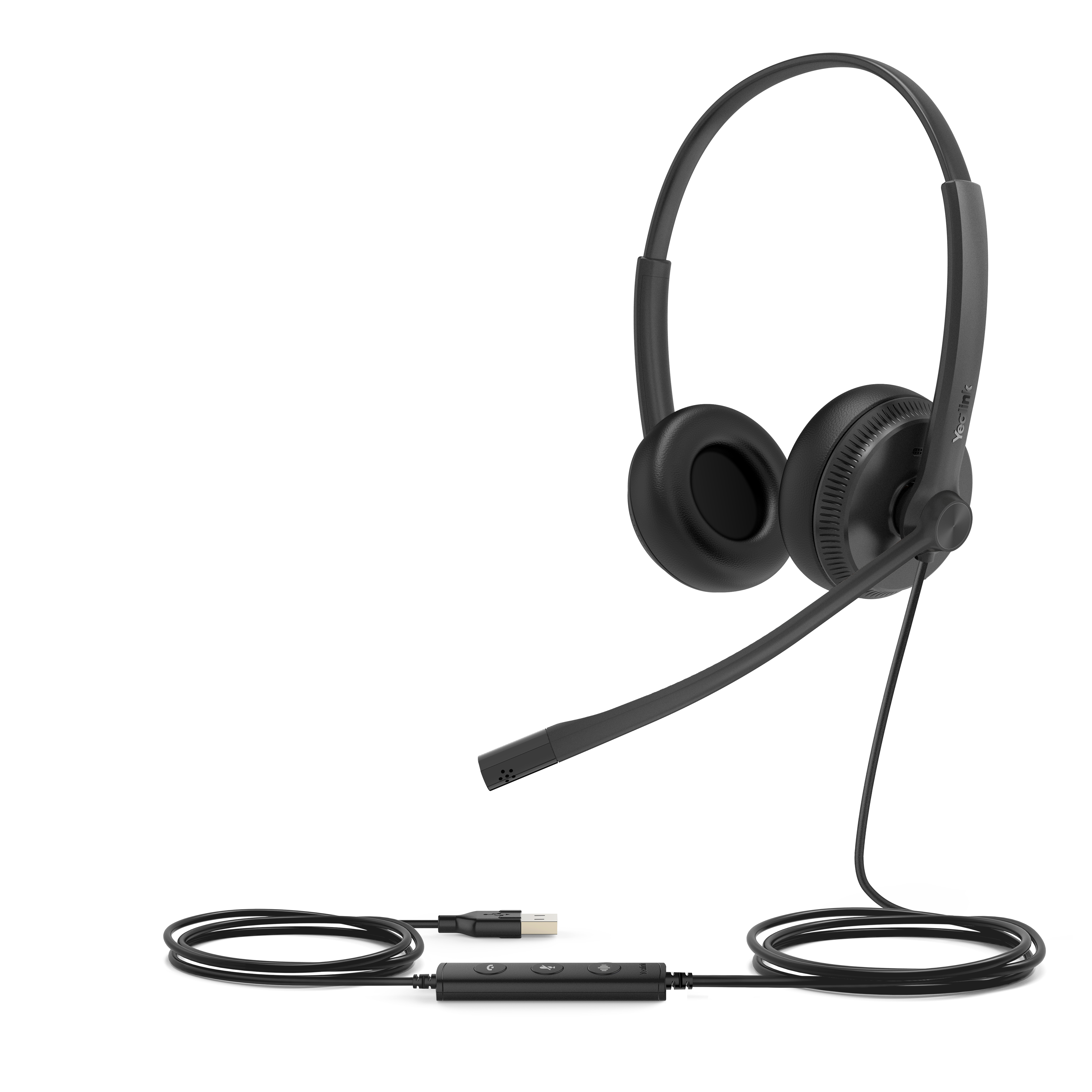 Cuffie nere con microfono e connettore USB su sfondo bianco.