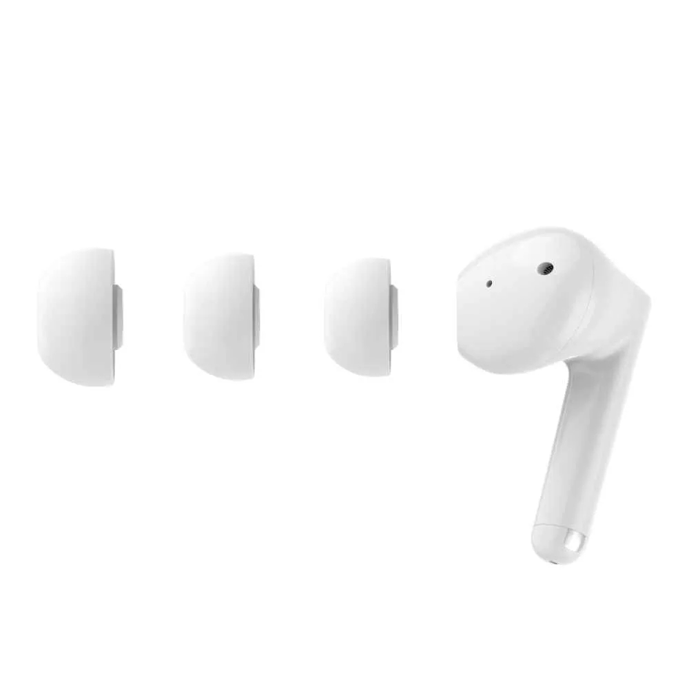 Tre gommini bianchi e un auricolare bianco su sfondo bianco. Nessun cavo presente.