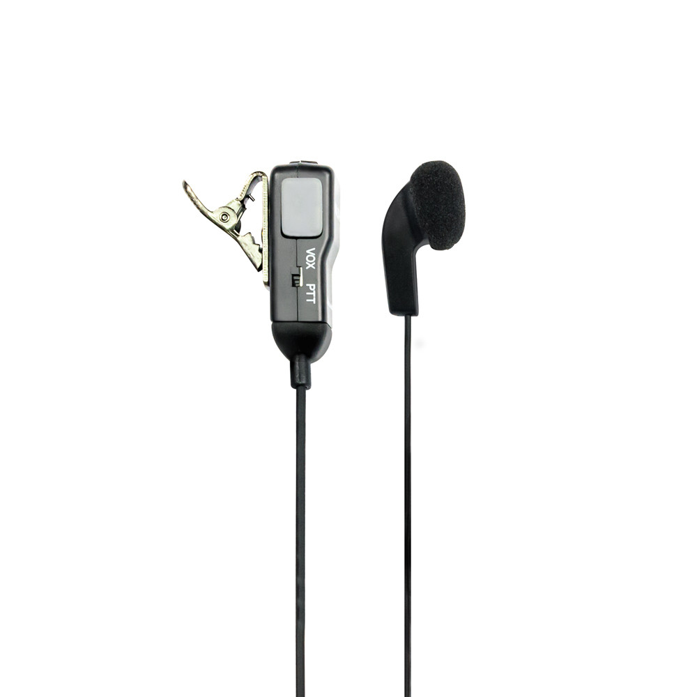 Un auricolare VOX PTT nero con clip e un auricolare nero separato su sfondo bianco.