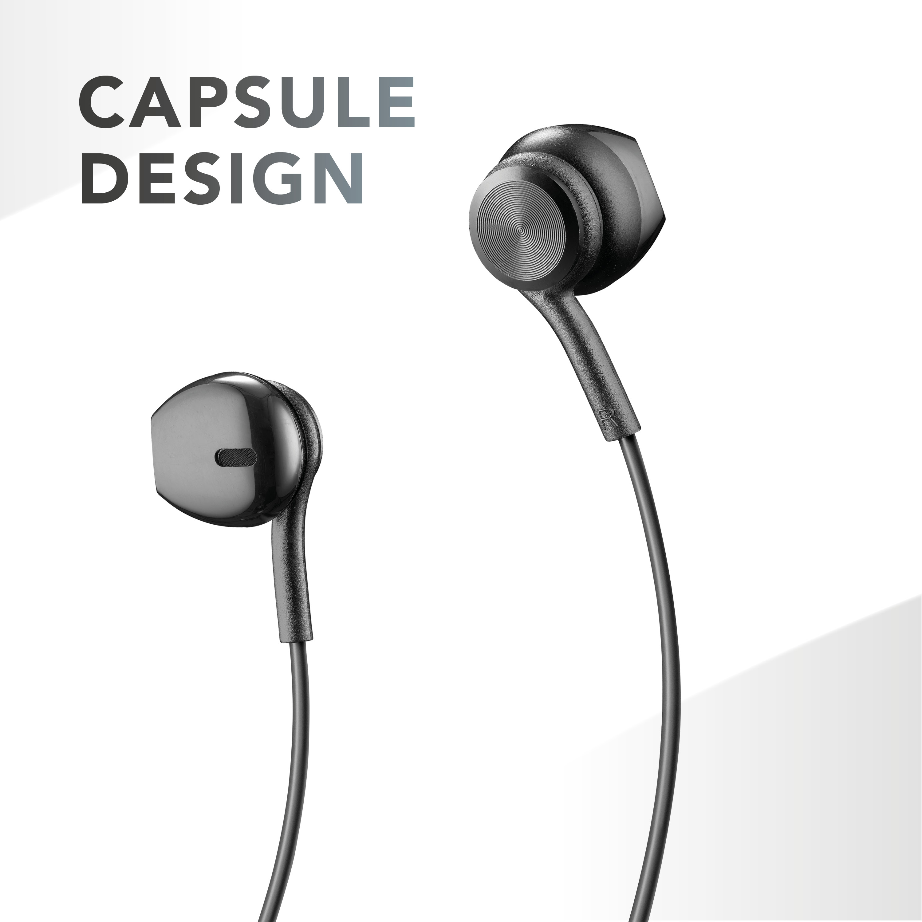 Auricolari neri in-ear. Sono visibili due auricolari, con un design a capsula. Lo sfondo è bianco.