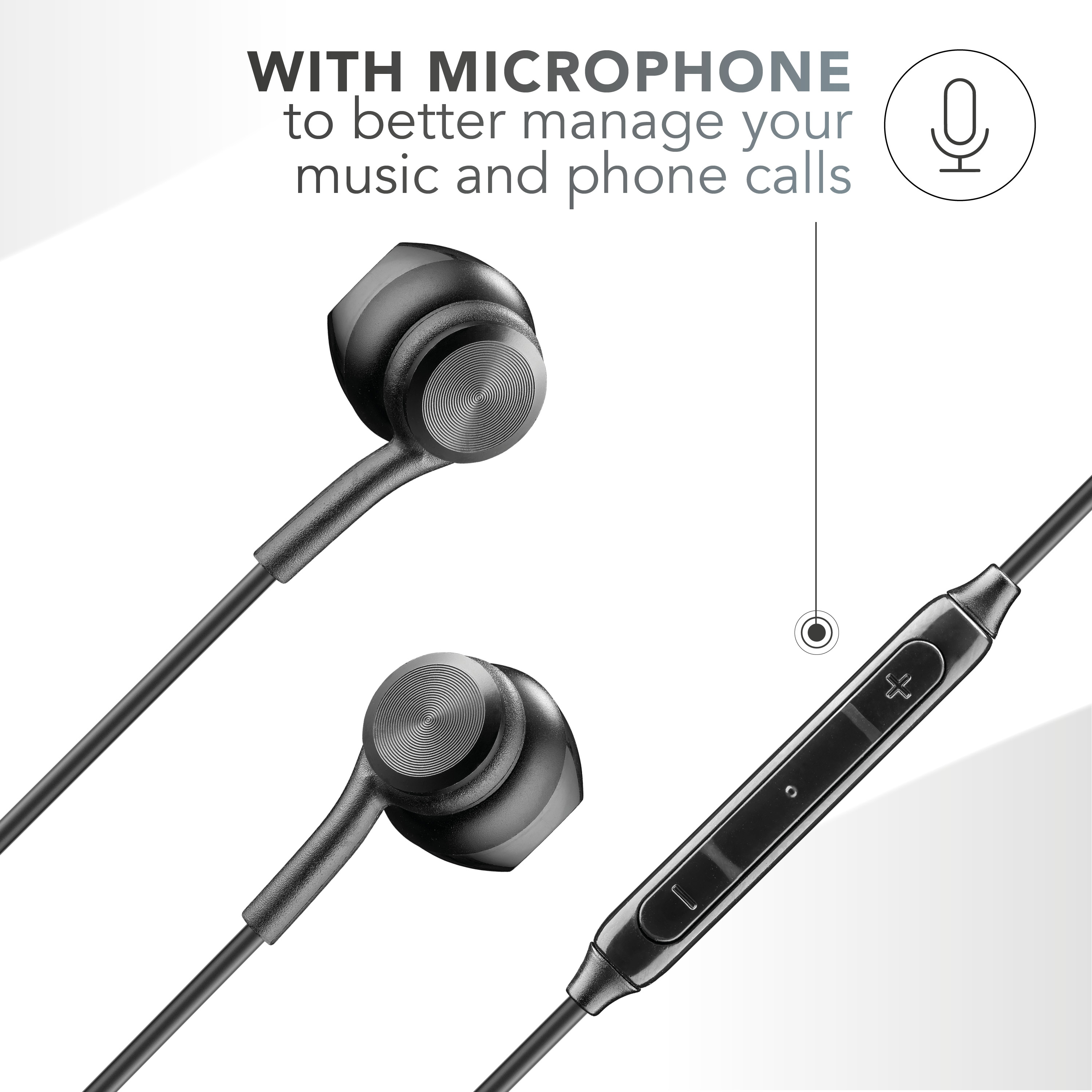 Auricolari neri con microfono e controllo volume, testo 'WITH MICROPHONE'.