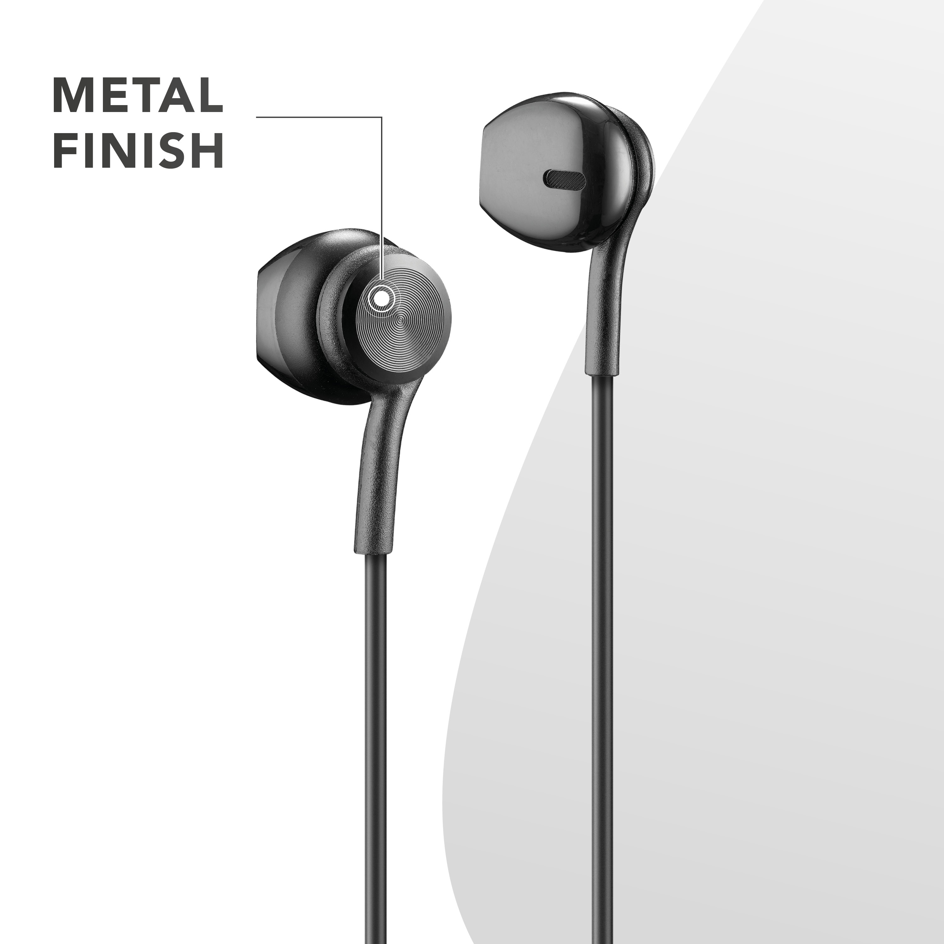 Auricolari neri con finitura metallica, su sfondo bianco con testo.