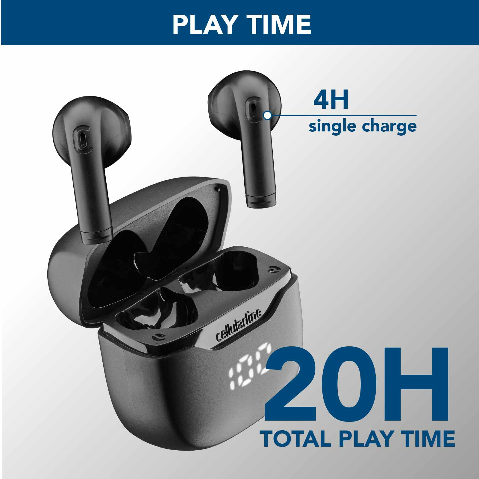 Czarne słuchawki i etui ładujące. Tekst: 'PLAY TIME' i '20H całkowitego czasu odtwarzania'.