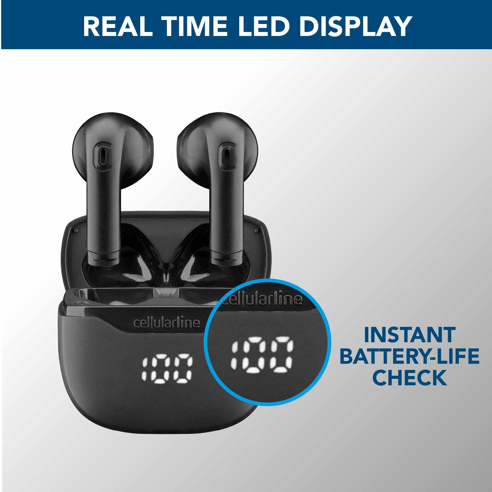 Czarne słuchawki douszne w etui ładującym. Etui ma wskaźnik naładowania baterii w okręgu.