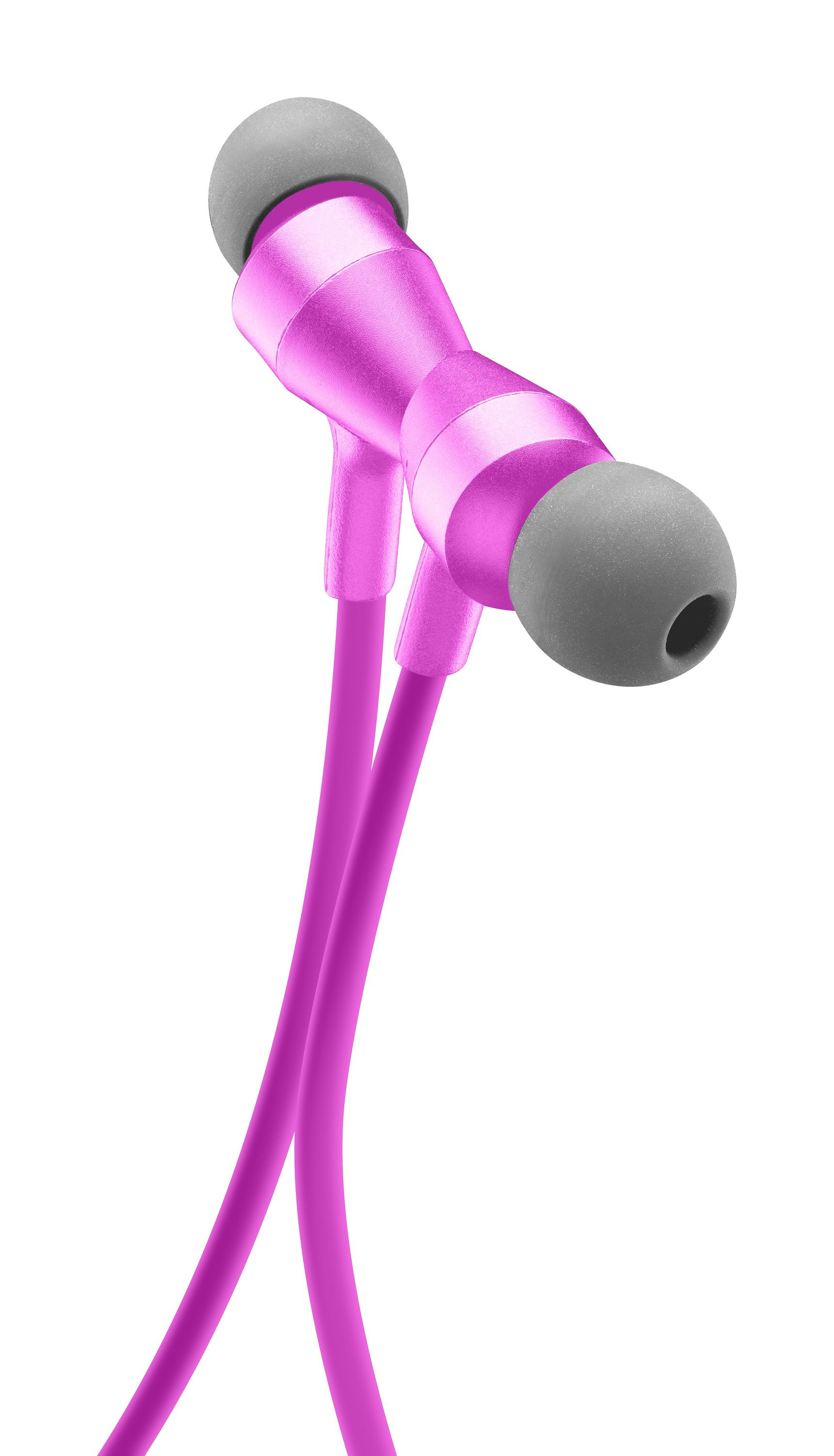 Rosa In-Ear-Kopfhörer mit grauen Ohrstöpseln auf weißem Hintergrund. Die Farbe ist ein helles Rosa.